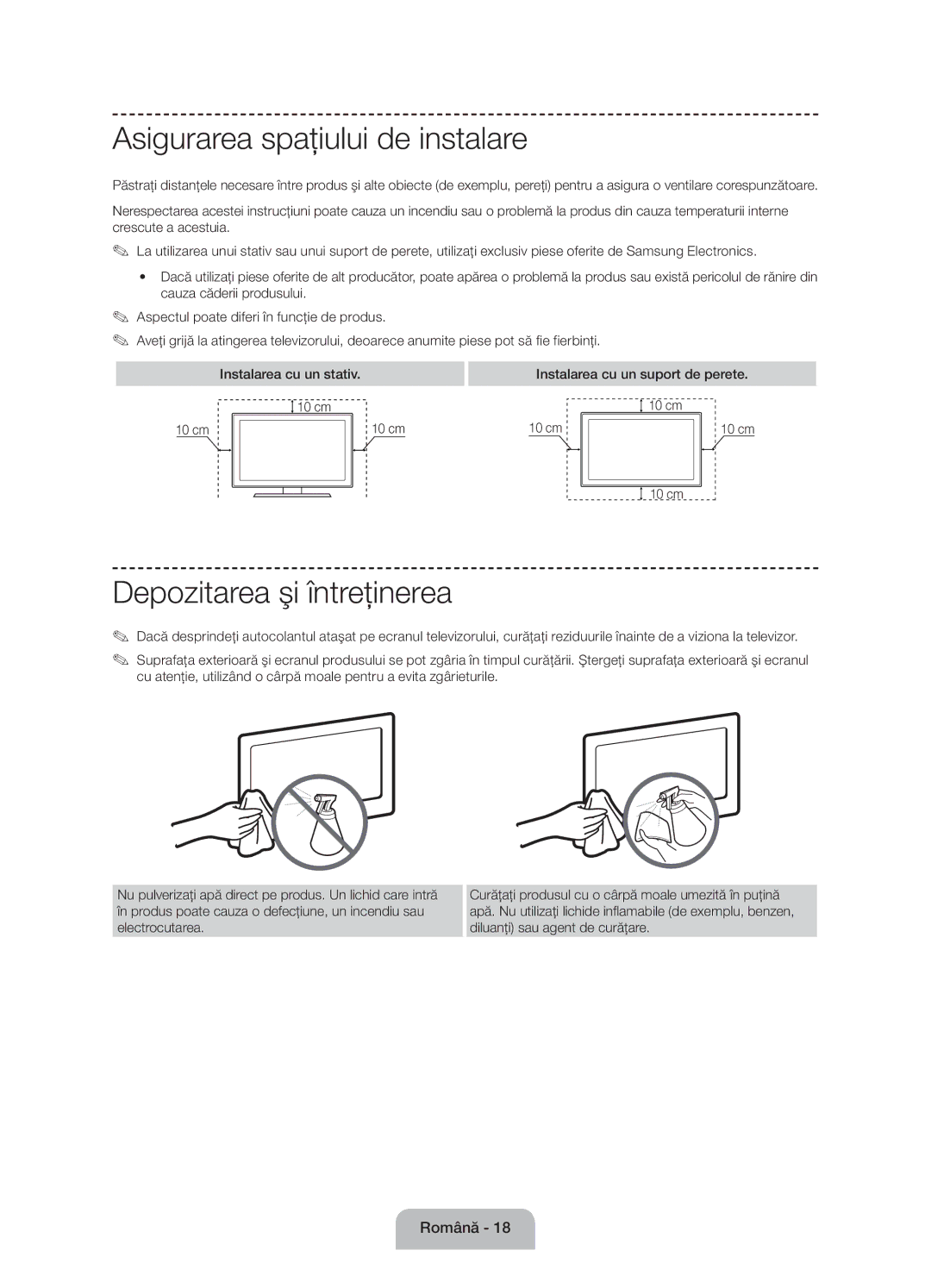 Samsung UE60J6100AWXBT, UE55J6100AWXZF, UE50J6100AWXZF manual Asigurarea spaţiului de instalare, Depozitarea şi întreţinerea 