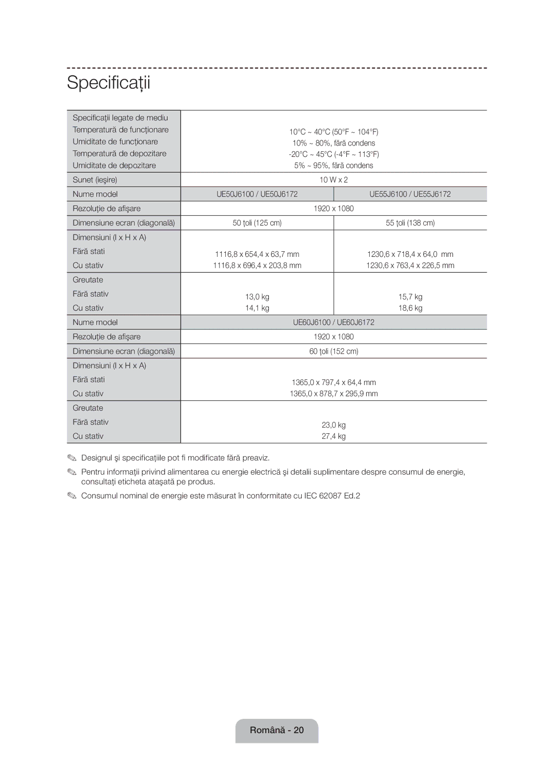 Samsung UE50J6100AWXBT Specificaţii, Sunet ieşire Nume model Rezoluţie de afişare, Ţoli 138 cm, 1230,6 763,4 x 226,5 mm 