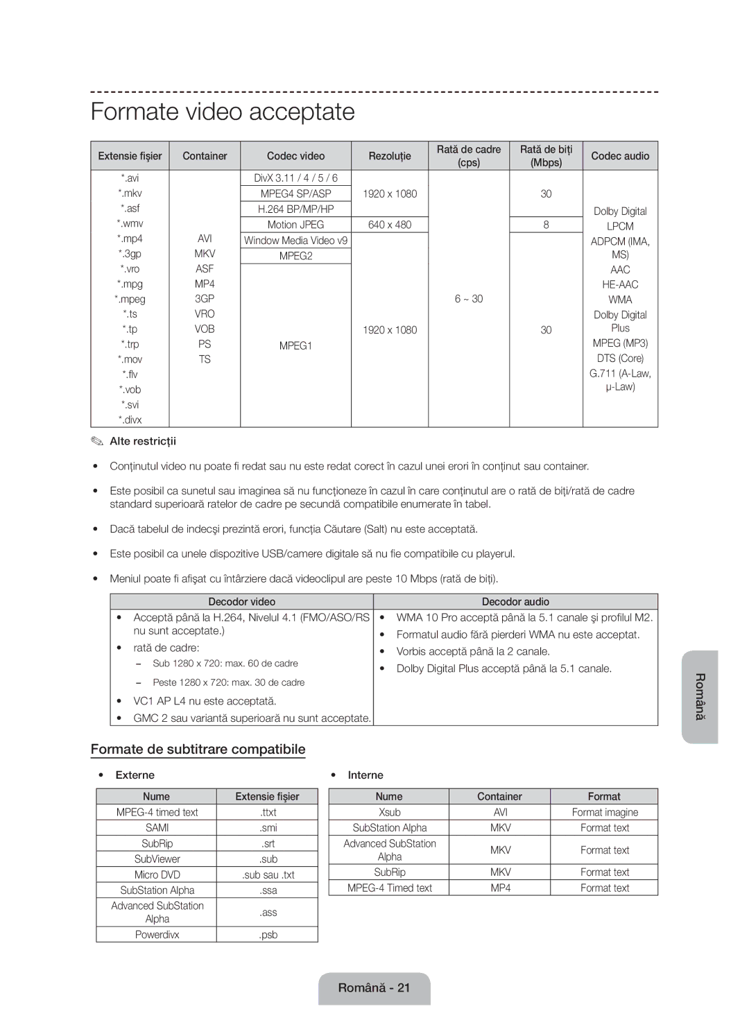 Samsung UE55J6100AWXXN, UE55J6100AWXZF, UE50J6100AWXZF manual Formate video acceptate, Formate de subtitrare compatibile 