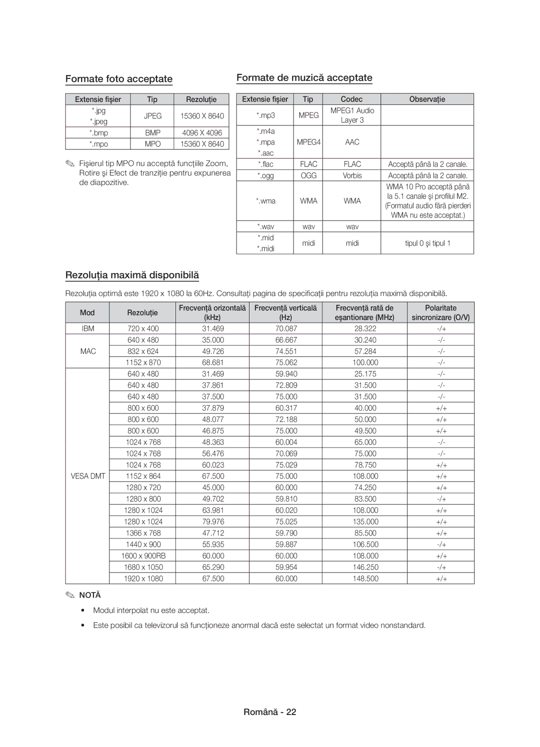 Samsung UE60J6100AWXXN Formate foto acceptate Formate de muzică acceptate, Rezoluţia maximă disponibilă, Eşantionare MHz 