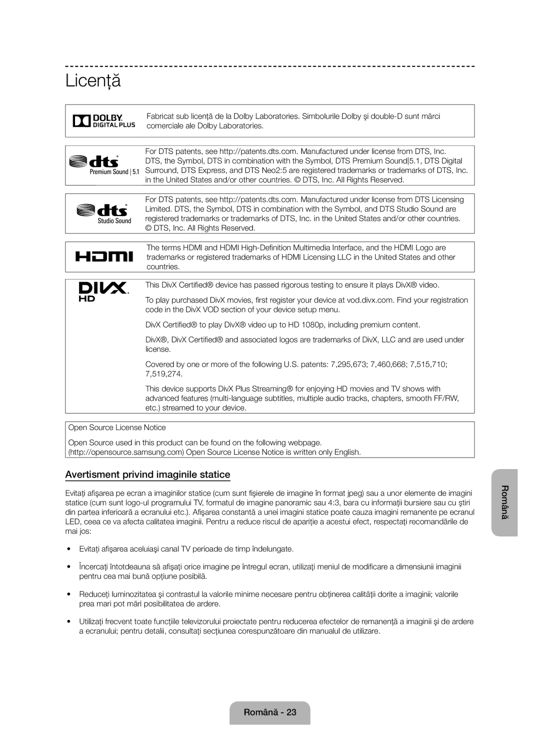 Samsung UE50J6100AWXXN, UE55J6100AWXZF, UE50J6100AWXZF, UE60J6100AWXBT manual Licenţă, Avertisment privind imaginile statice 