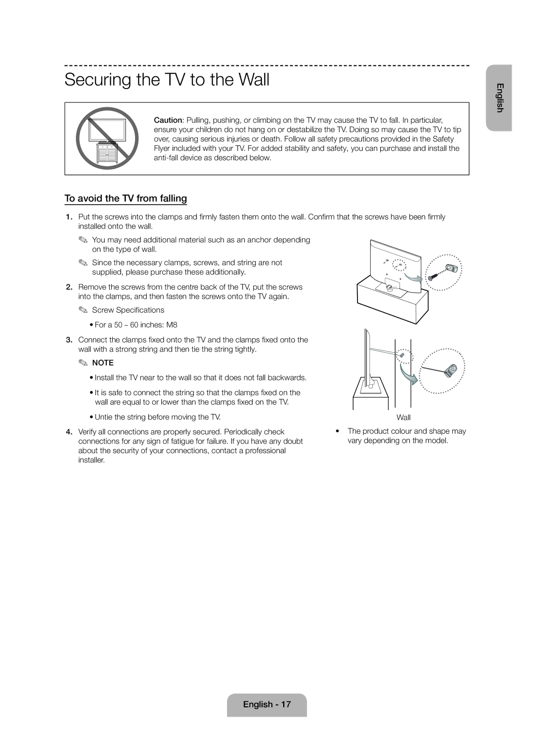 Samsung UE50J6100AWXZF, UE55J6100AWXZF, UE60J6100AWXBT manual Securing the TV to the Wall, To avoid the TV from falling 