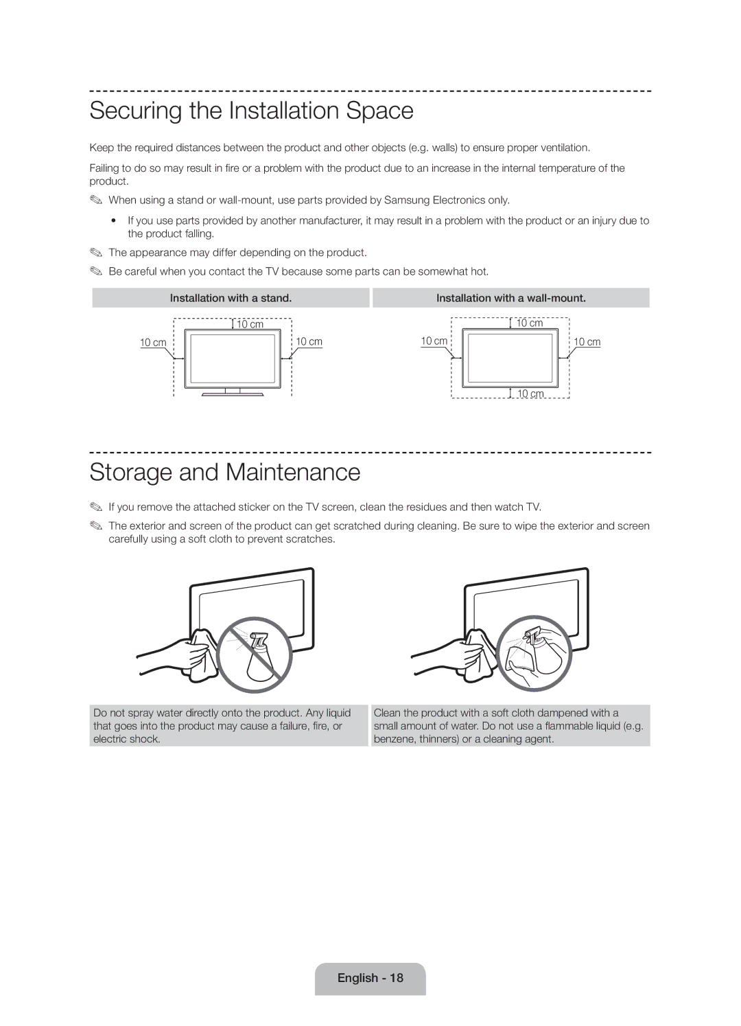 Samsung UE60J6100AWXBT Securing the Installation Space, Storage and Maintenance, Installation with a wall-mount 10 cm 