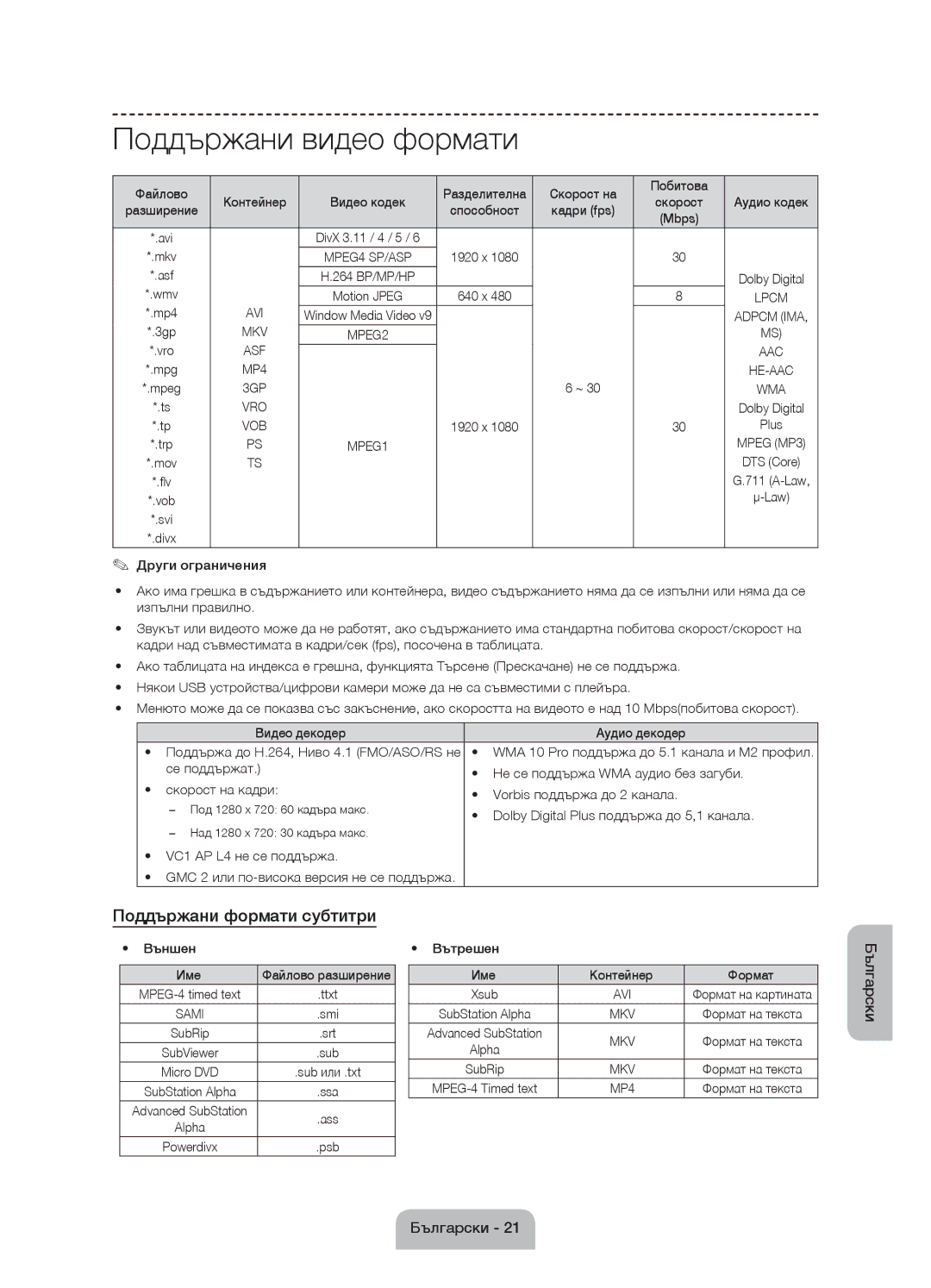 Samsung UE55J6100AWXXN, UE55J6100AWXZF, UE50J6100AWXZF, UE60J6100AWXBT Поддържани видео формати, Поддържани формати субтитри 