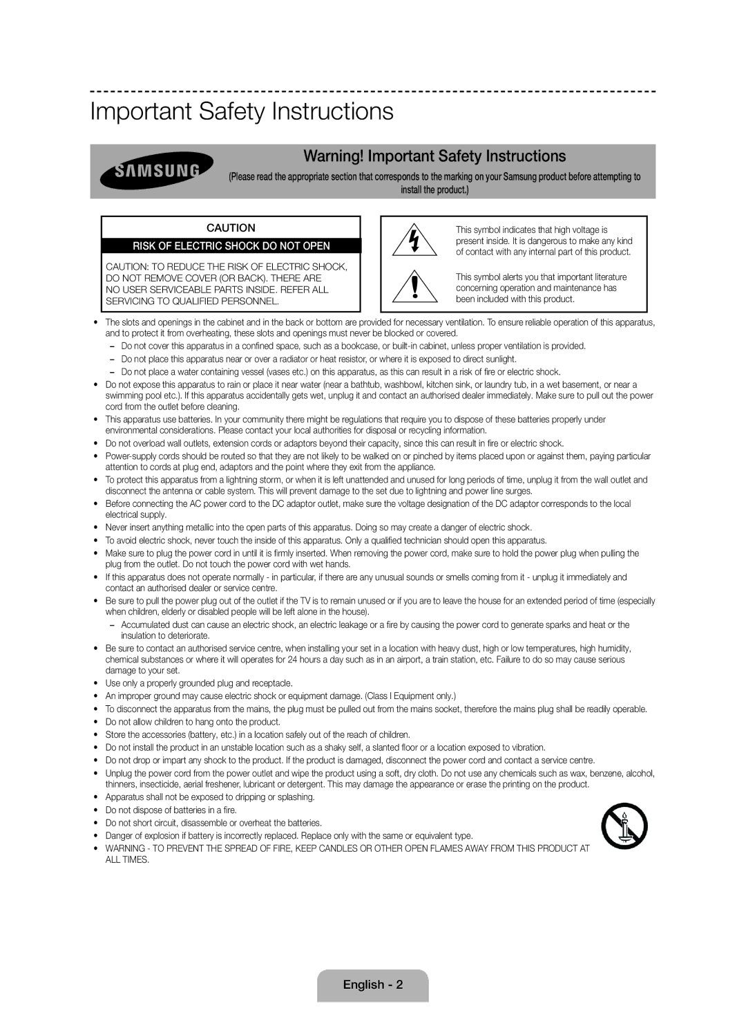 Samsung UE60J6100AWXBT, UE55J6100AWXZF, UE50J6100AWXZF, UE55J6100AWXBT, UE50J6100AWXBT Important Safety Instructions, English 