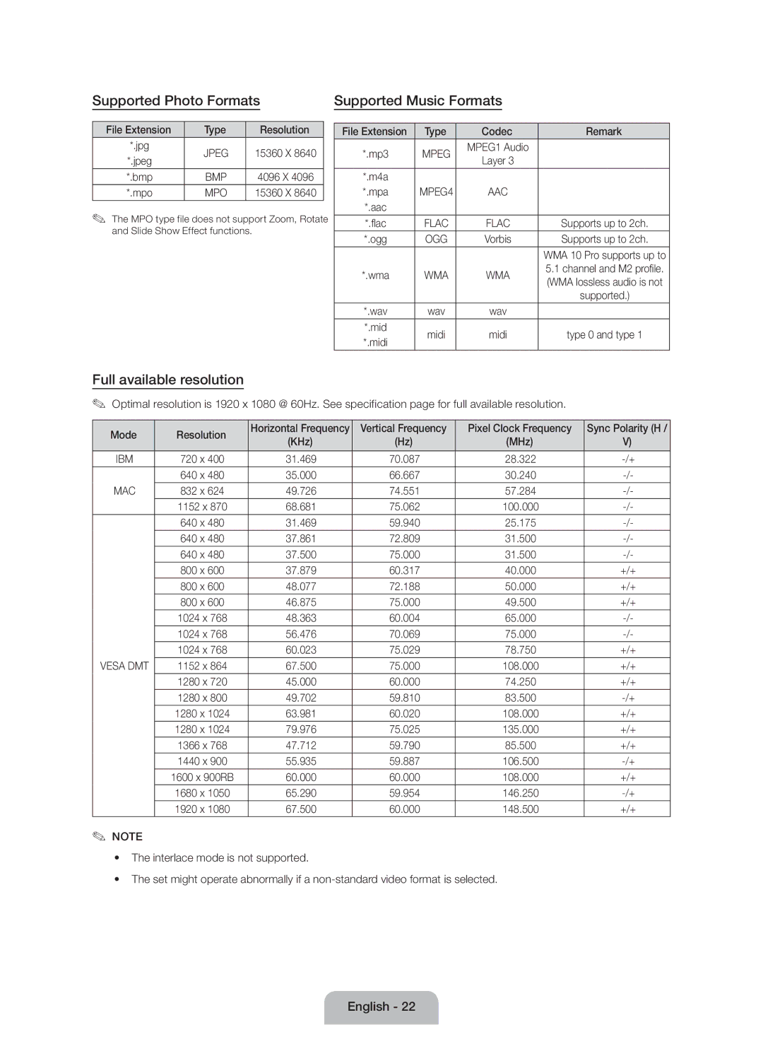 Samsung UE60J6100AWXXN, UE55J6100AWXZF manual Supported Photo Formats Supported Music Formats, Full available resolution 