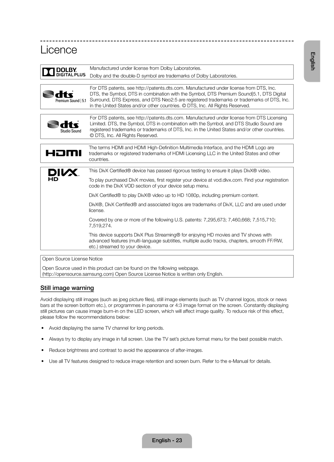 Samsung UE50J6100AWXXN, UE55J6100AWXZF, UE50J6100AWXZF, UE60J6100AWXBT, UE55J6100AWXBT manual Licence, Still image warning 