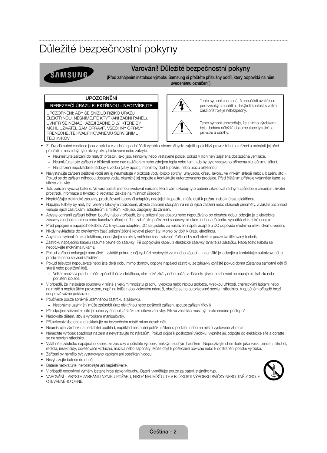 Samsung UE60J6100AWXBT, UE55J6100AWXZF, UE50J6100AWXZF, UE55J6100AWXBT, UE50J6100AWXBT Důležité bezpečnostní pokyny, Čeština 