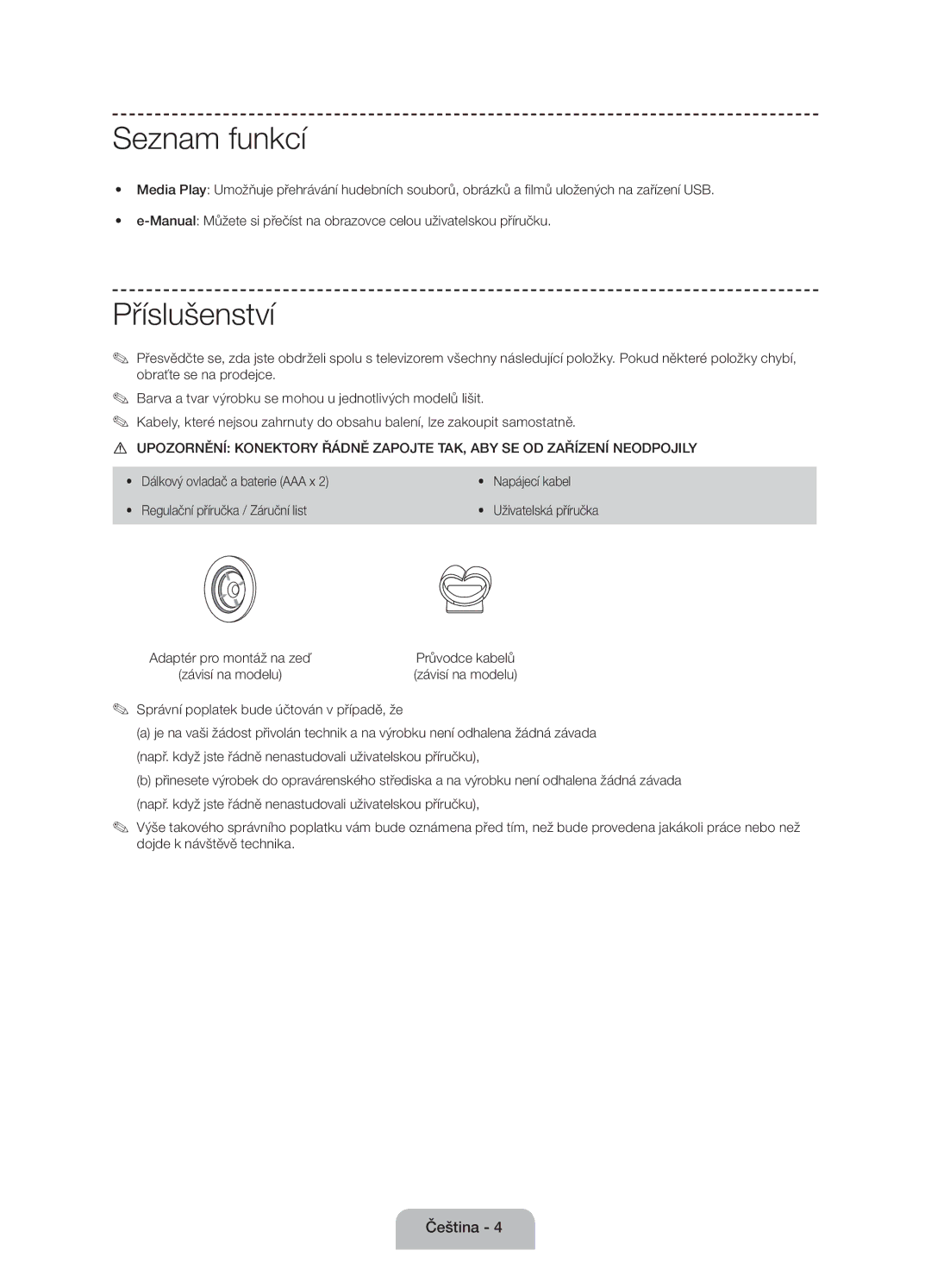 Samsung UE50J6100AWXBT, UE55J6100AWXZF, UE50J6100AWXZF, UE60J6100AWXBT, UE55J6100AWXBT manual Seznam funkcí, Příslušenství 