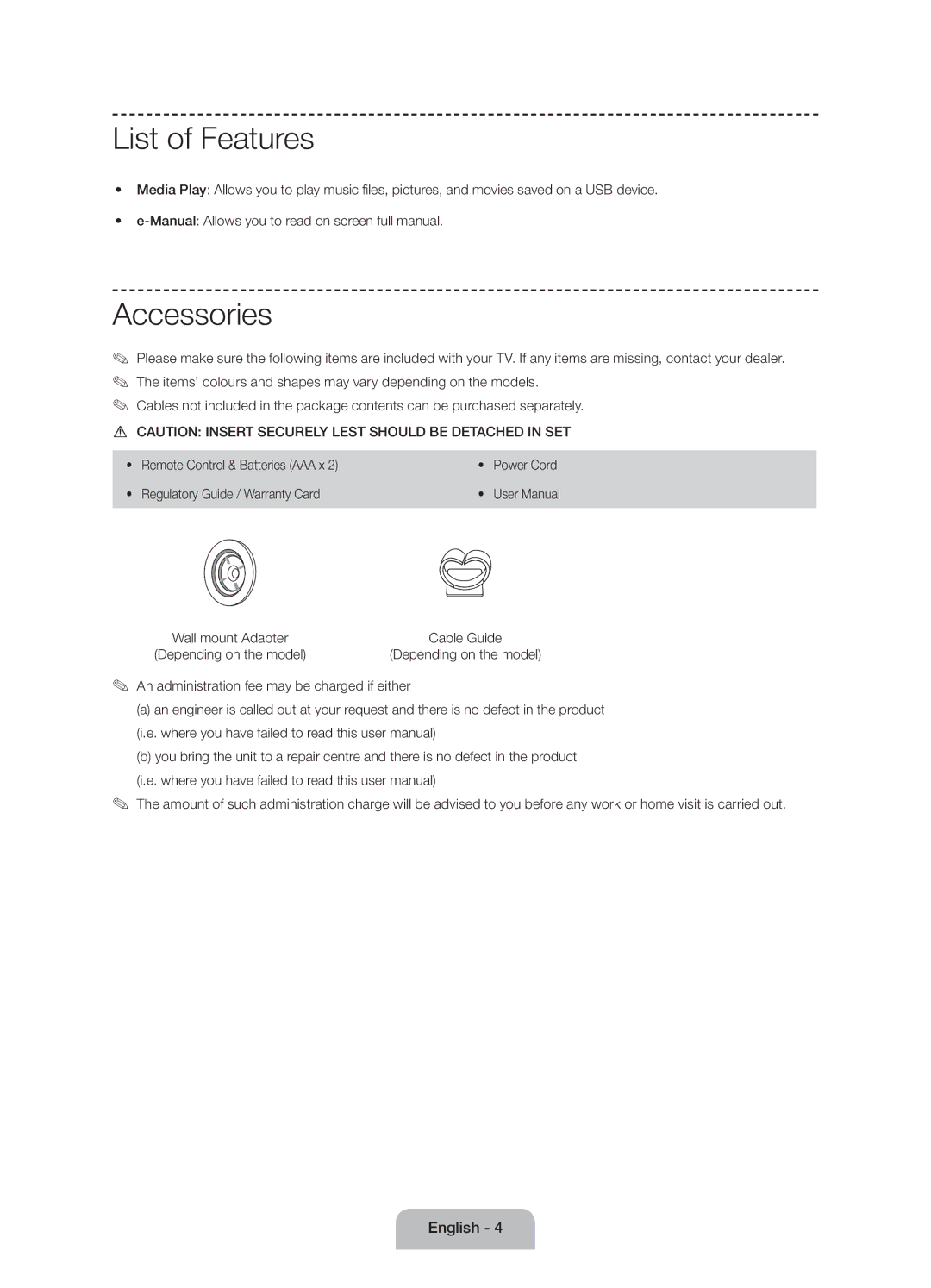 Samsung UE50J6100AWXBT, UE55J6100AWXZF List of Features, Accessories, Manual Allows you to read on screen full manual 