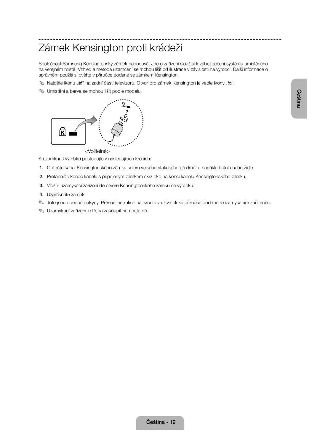 Samsung UE55J6100AWXBT, UE55J6100AWXZF, UE50J6100AWXZF, UE60J6100AWXBT manual Zámek Kensington proti krádeži, Volitelné 