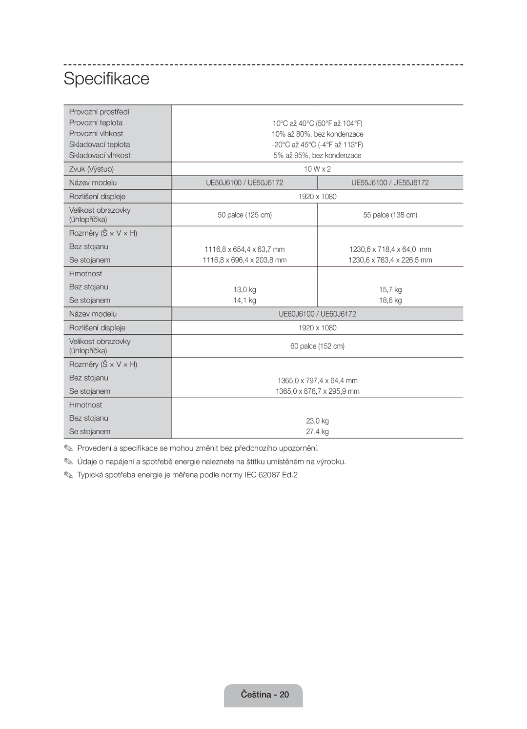 Samsung UE50J6100AWXBT, UE55J6100AWXZF, UE50J6100AWXZF manual Specifikace, Rozměry Š × V × H Bez stojanu Se stojanem Hmotnost 