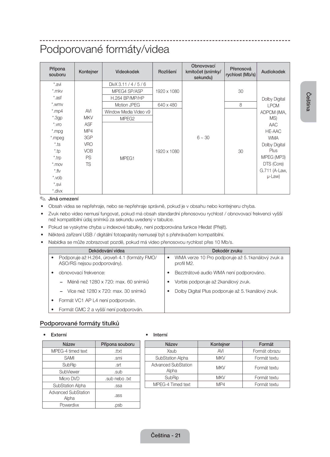 Samsung UE55J6100AWXXN manual Podporované formáty/videa, Podporované formáty titulků, Přípona Obnovovací Přenosová 