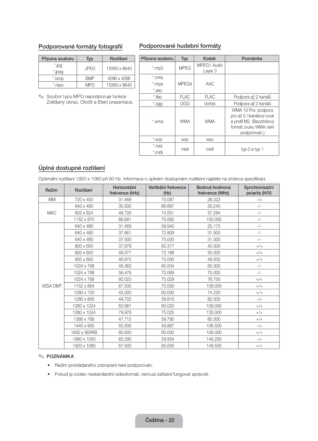 Samsung UE60J6100AWXXN manual Podporované formáty fotografií Podporované hudební formáty, Úplné dostupné rozlišení 