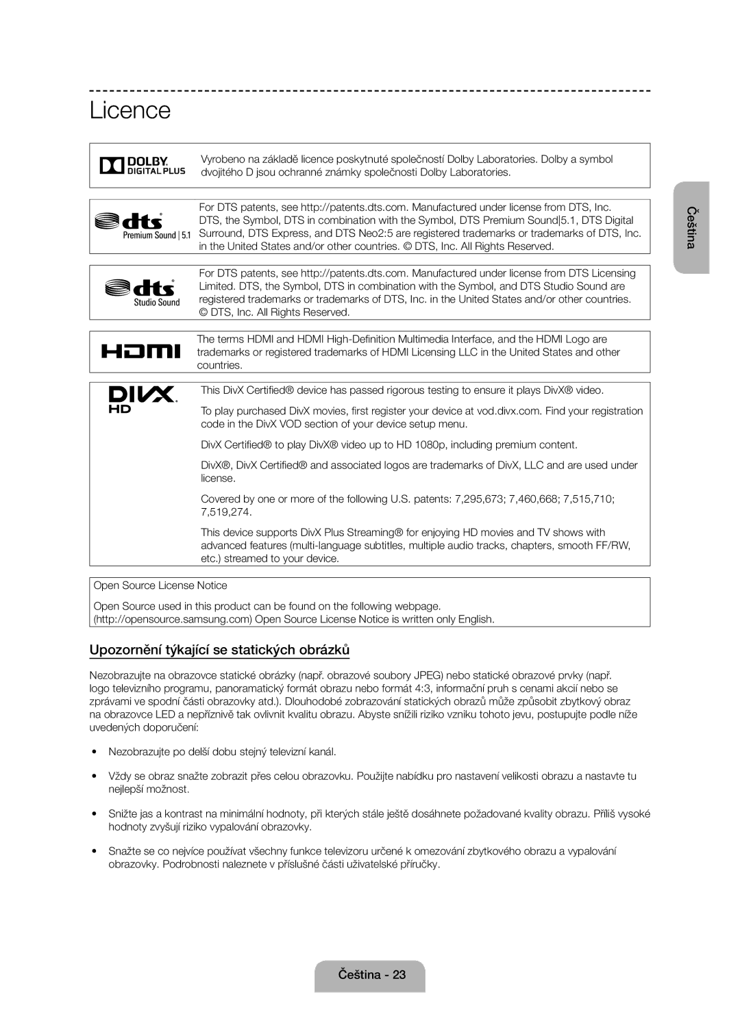 Samsung UE50J6100AWXXN, UE55J6100AWXZF, UE50J6100AWXZF, UE60J6100AWXBT Licence, Upozornění týkající se statických obrázků 