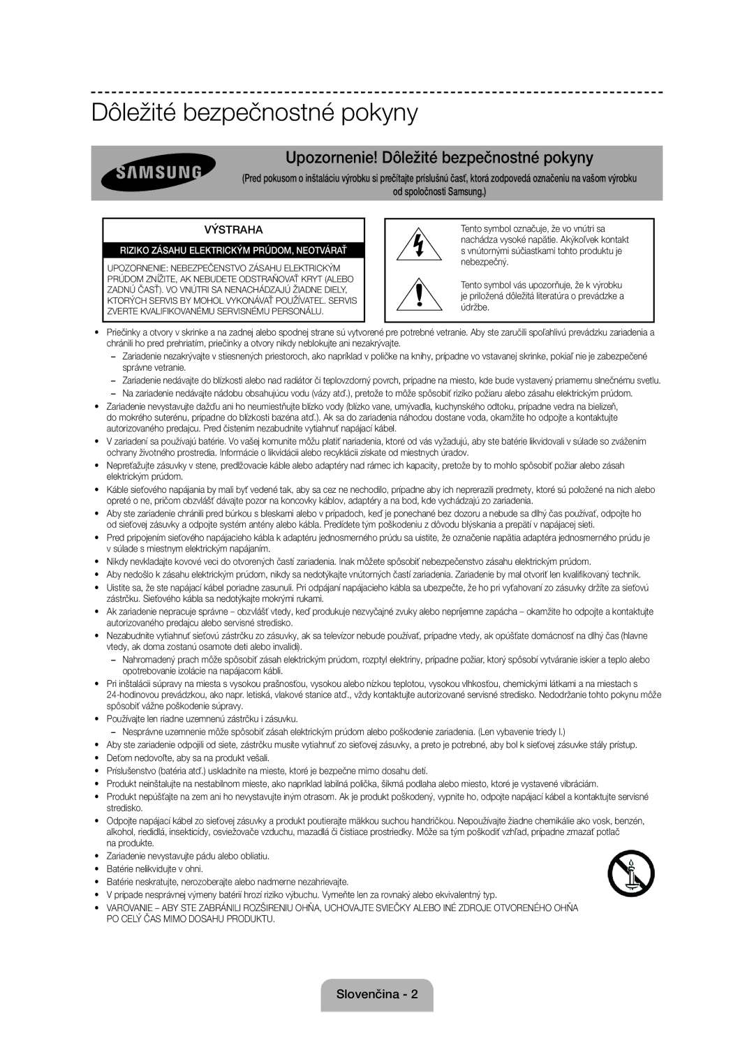 Samsung UE60J6100AWXBT, UE55J6100AWXZF, UE50J6100AWXZF, UE55J6100AWXBT manual Dôležité bezpečnostné pokyny, Slovenčina 