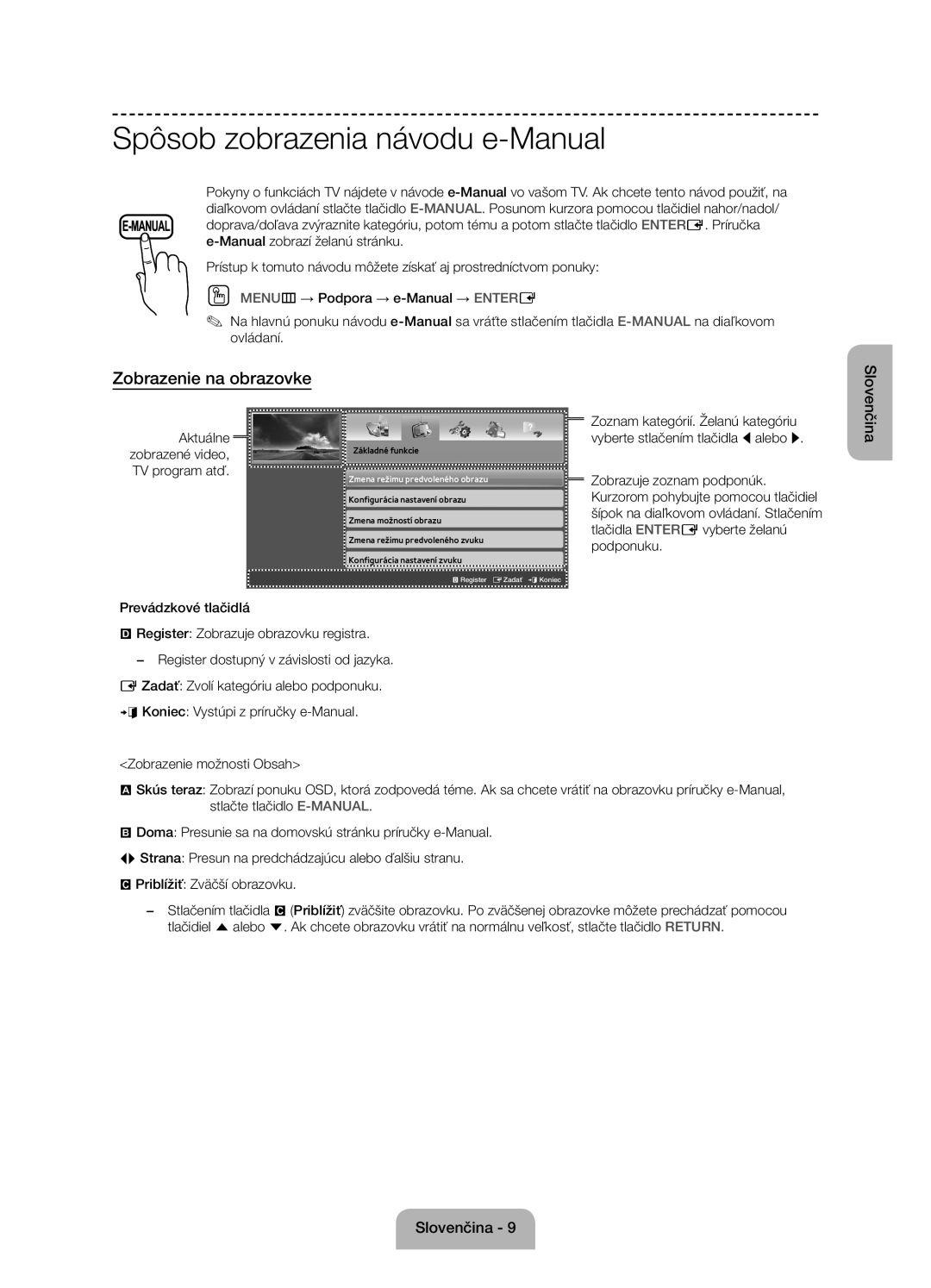 Samsung UE50J6100AWXZF, UE55J6100AWXZF, UE60J6100AWXBT manual Spôsob zobrazenia návodu e-Manual, Zobrazenie na obrazovke 