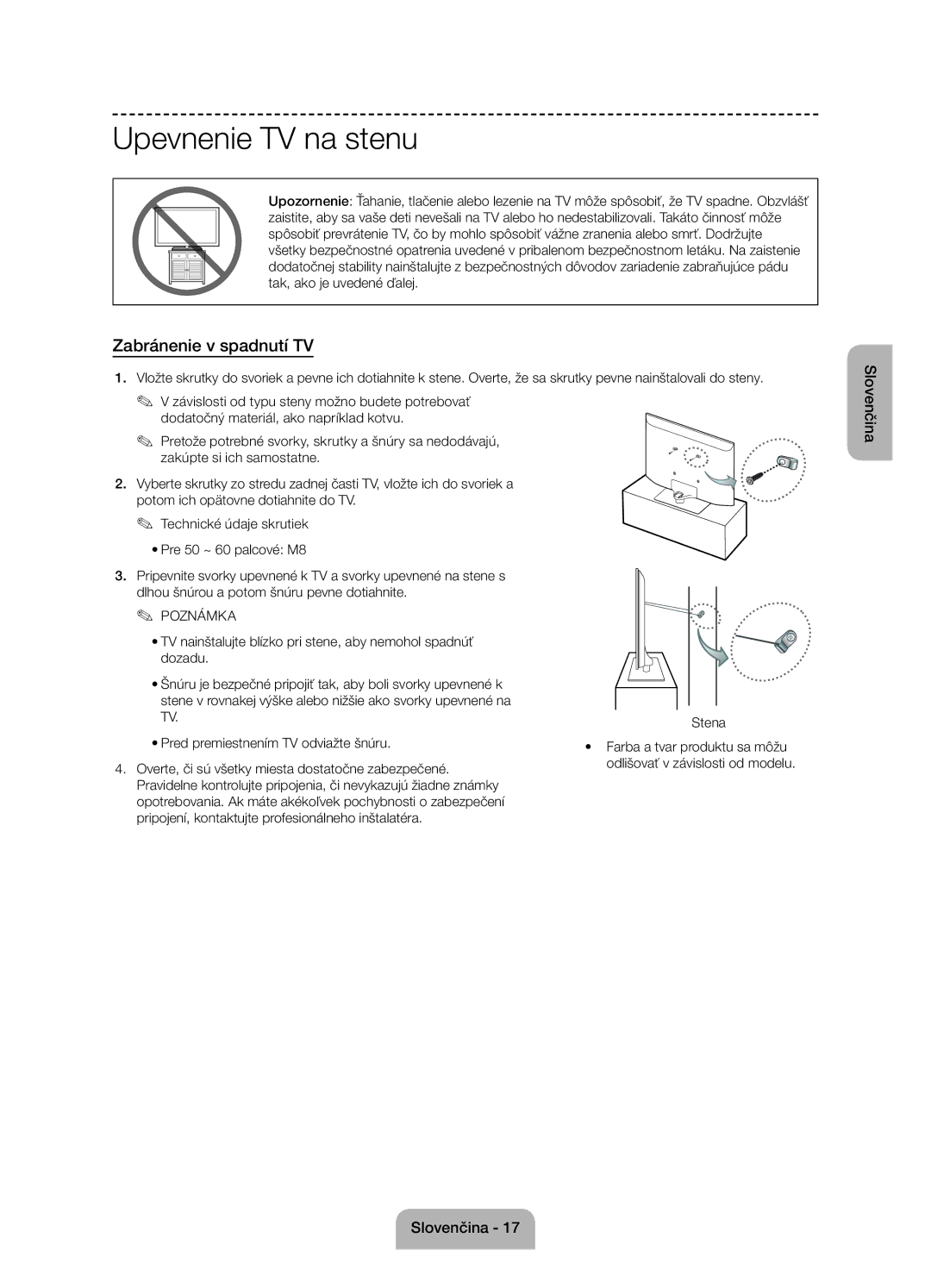 Samsung UE50J6100AWXZF, UE55J6100AWXZF, UE60J6100AWXBT manual Upevnenie TV na stenu, Zabránenie v spadnutí TV, Stena 