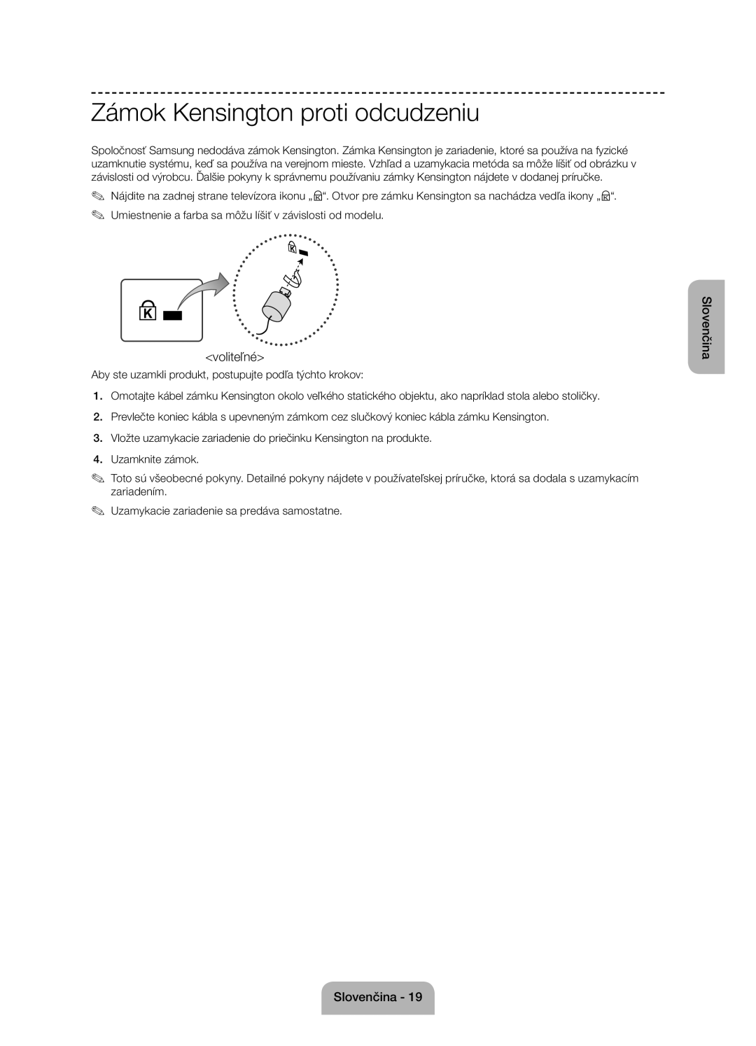 Samsung UE55J6100AWXBT, UE55J6100AWXZF, UE50J6100AWXZF, UE60J6100AWXBT manual Zámok Kensington proti odcudzeniu, Voliteľné 