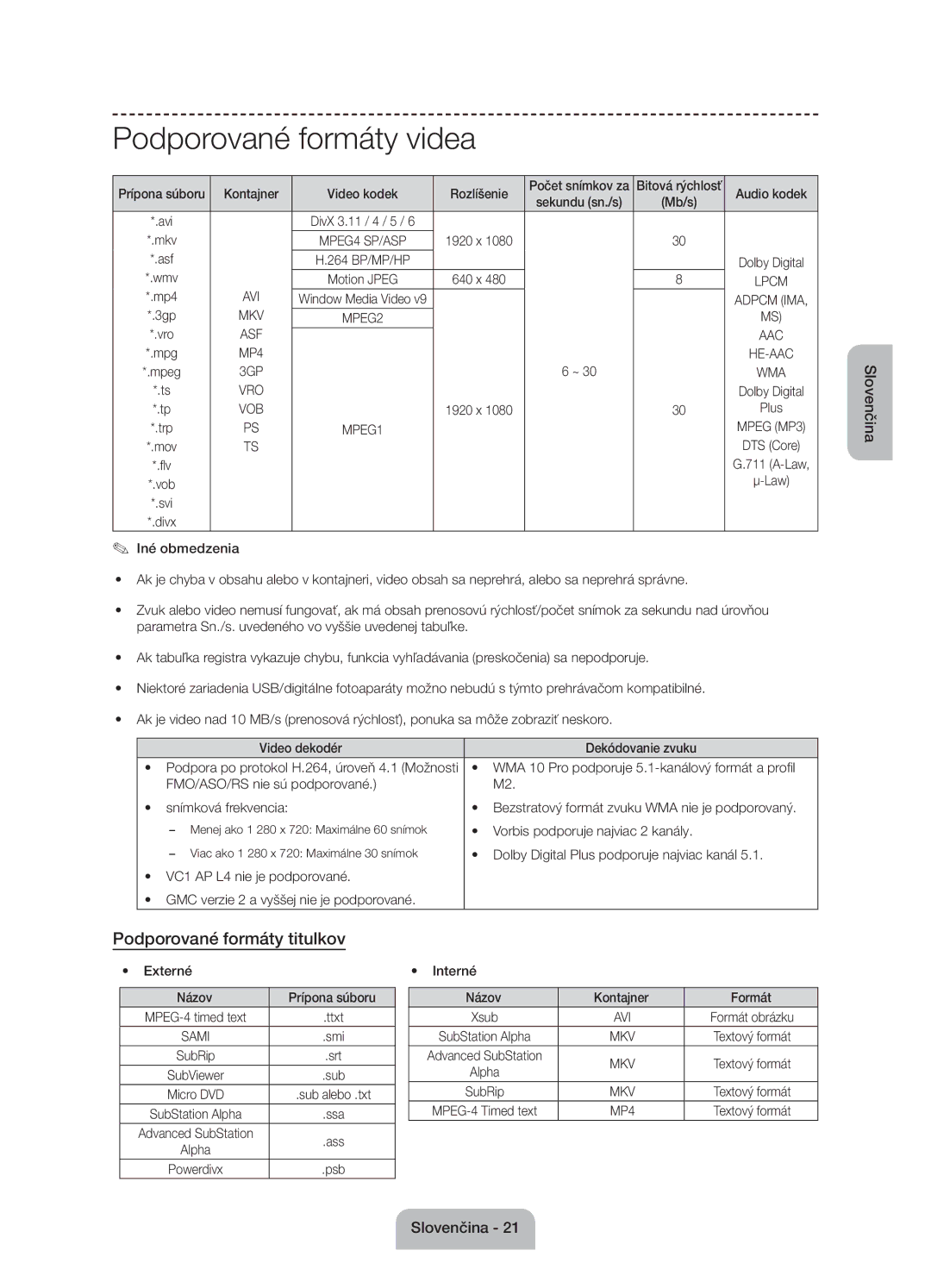 Samsung UE55J6100AWXXN, UE55J6100AWXZF, UE50J6100AWXZF manual Podporované formáty videa, Podporované formáty titulkov 