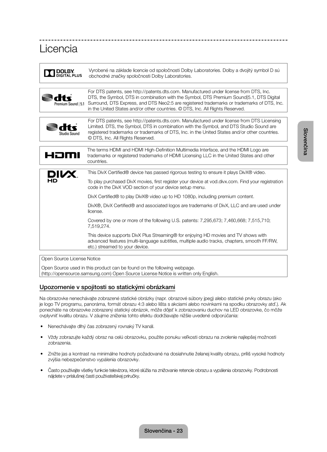 Samsung UE50J6100AWXXN, UE55J6100AWXZF, UE50J6100AWXZF manual Licencia, Upozornenie v spojitosti so statickými obrázkami 