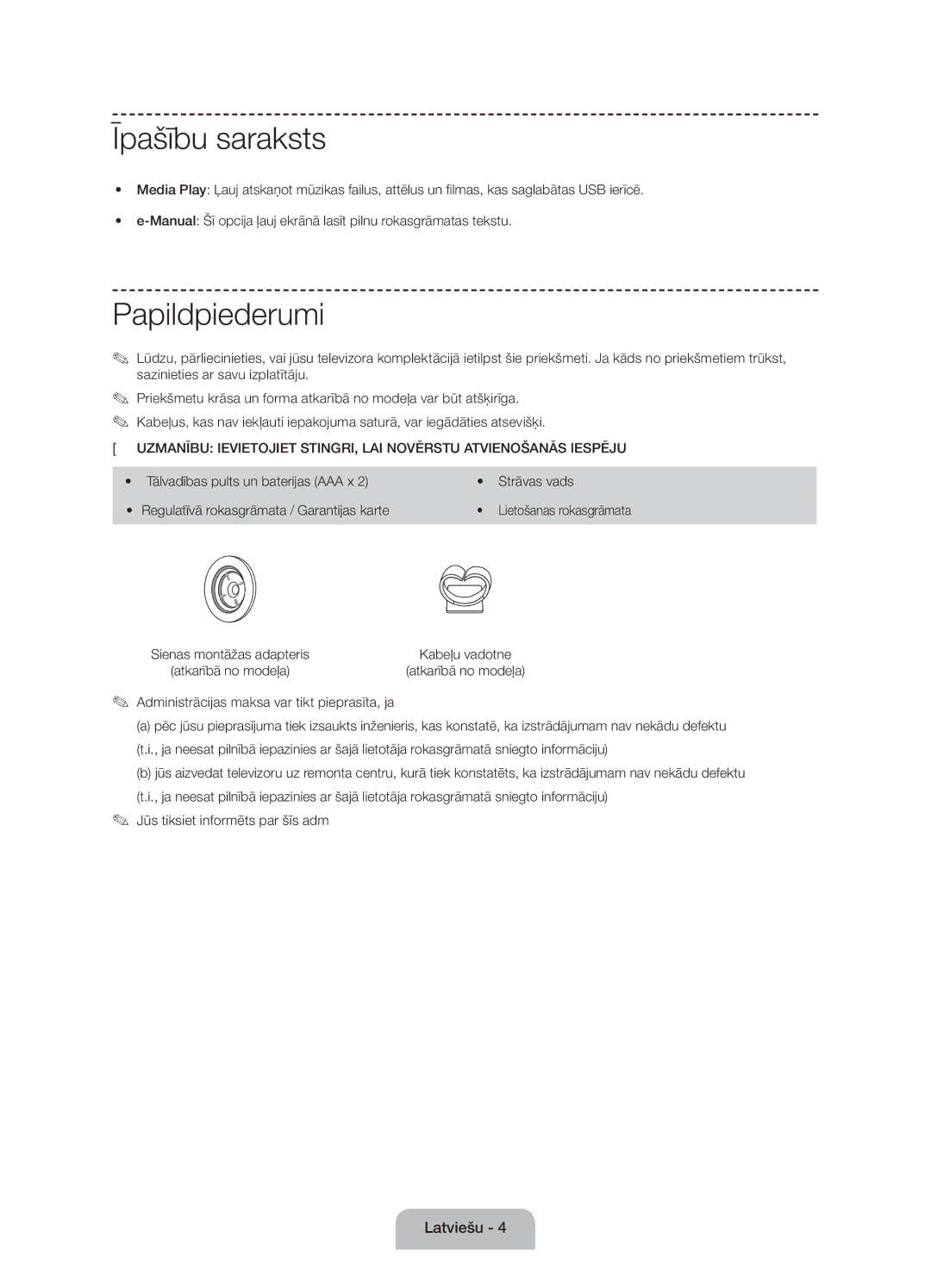 Samsung UE50J6100AWXBT, UE55J6100AWXZF, UE50J6100AWXZF, UE60J6100AWXBT, UE55J6100AWXBT manual Īpašību saraksts, Papildpiederumi 