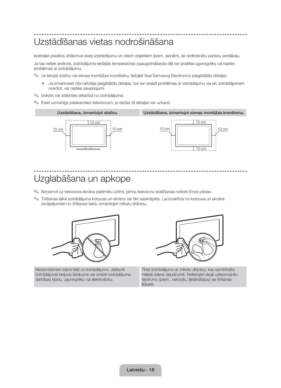 Samsung UE60J6100AWXBT, UE55J6100AWXZF, UE50J6100AWXZF manual Uzstādīšanas vietas nodrošināšana, Uzglabāšana un apkope 