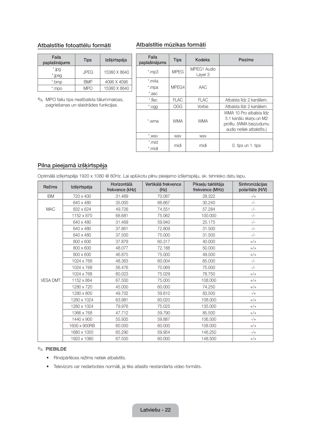 Samsung UE60J6100AWXXN manual Atbalstītie fotoattēlu formāti, Atbalstītie mūzikas formāti, Pilna pieejamā izšķirtspēja 