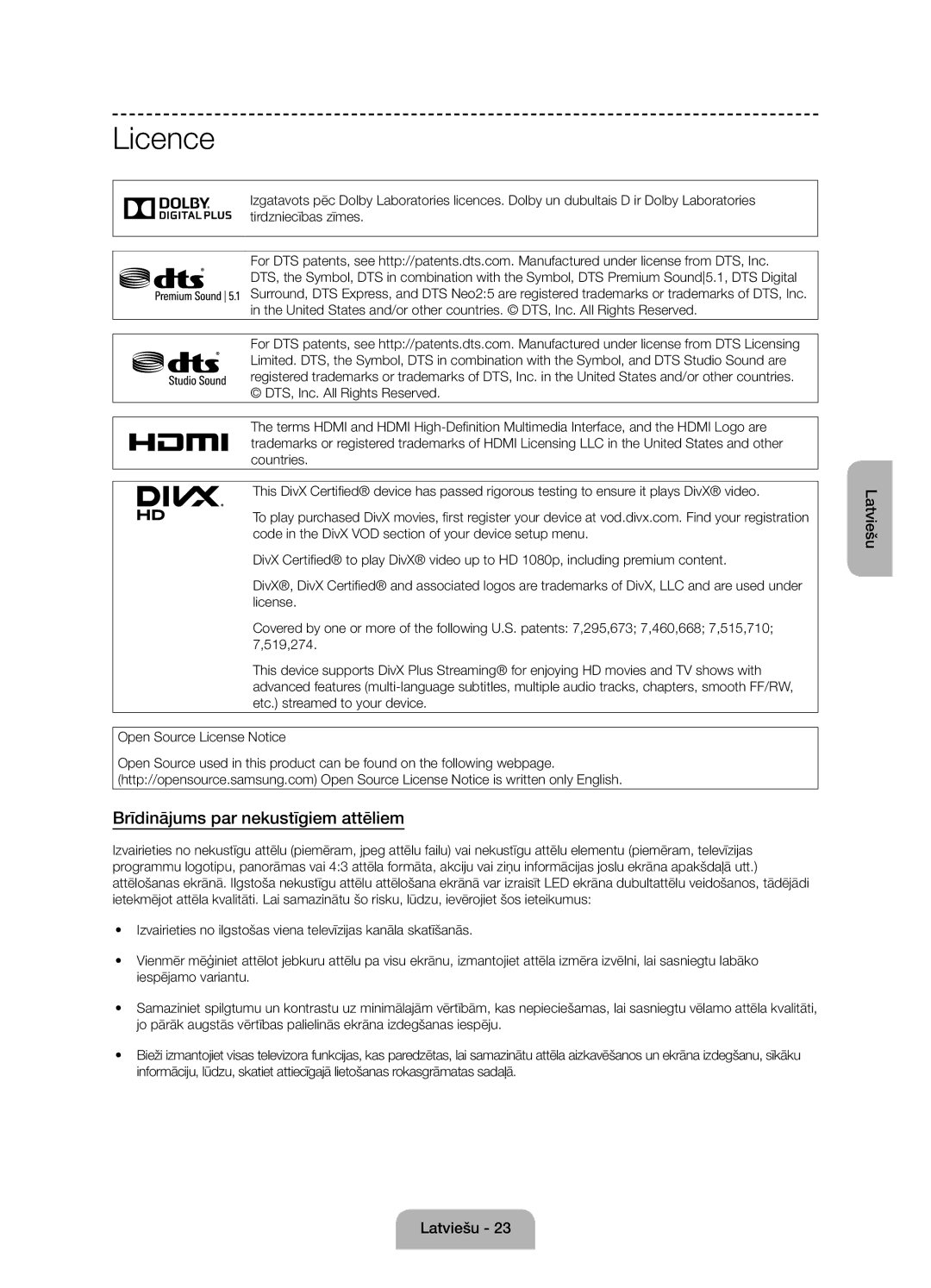 Samsung UE50J6100AWXXN, UE55J6100AWXZF, UE50J6100AWXZF, UE60J6100AWXBT manual Licence, Brīdinājums par nekustīgiem attēliem 