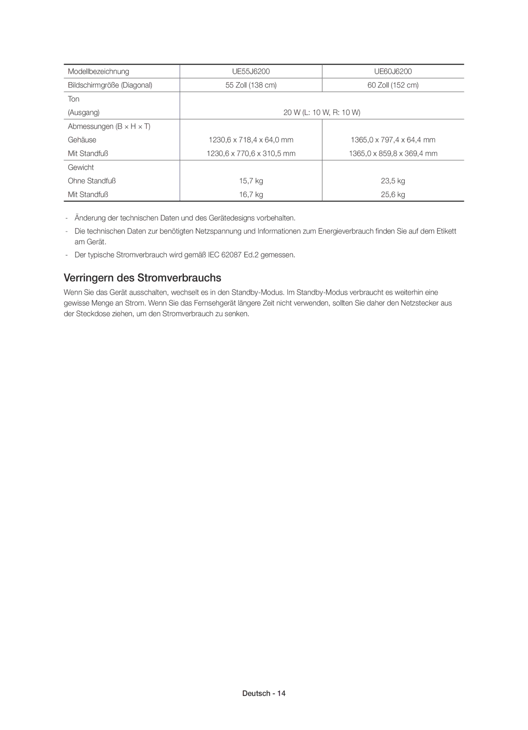 Samsung UE55J6200AKXZT, UE40J6200AKXZT manual Verringern des Stromverbrauchs 