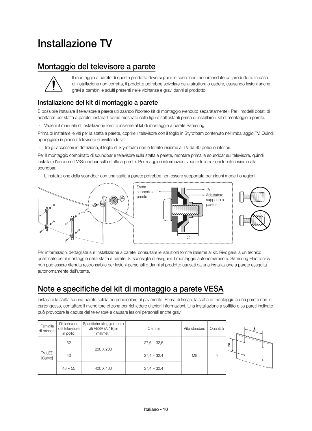 Samsung UE55J6300AKXXC Installazione TV, Montaggio del televisore a parete, Installazione del kit di montaggio a parete 