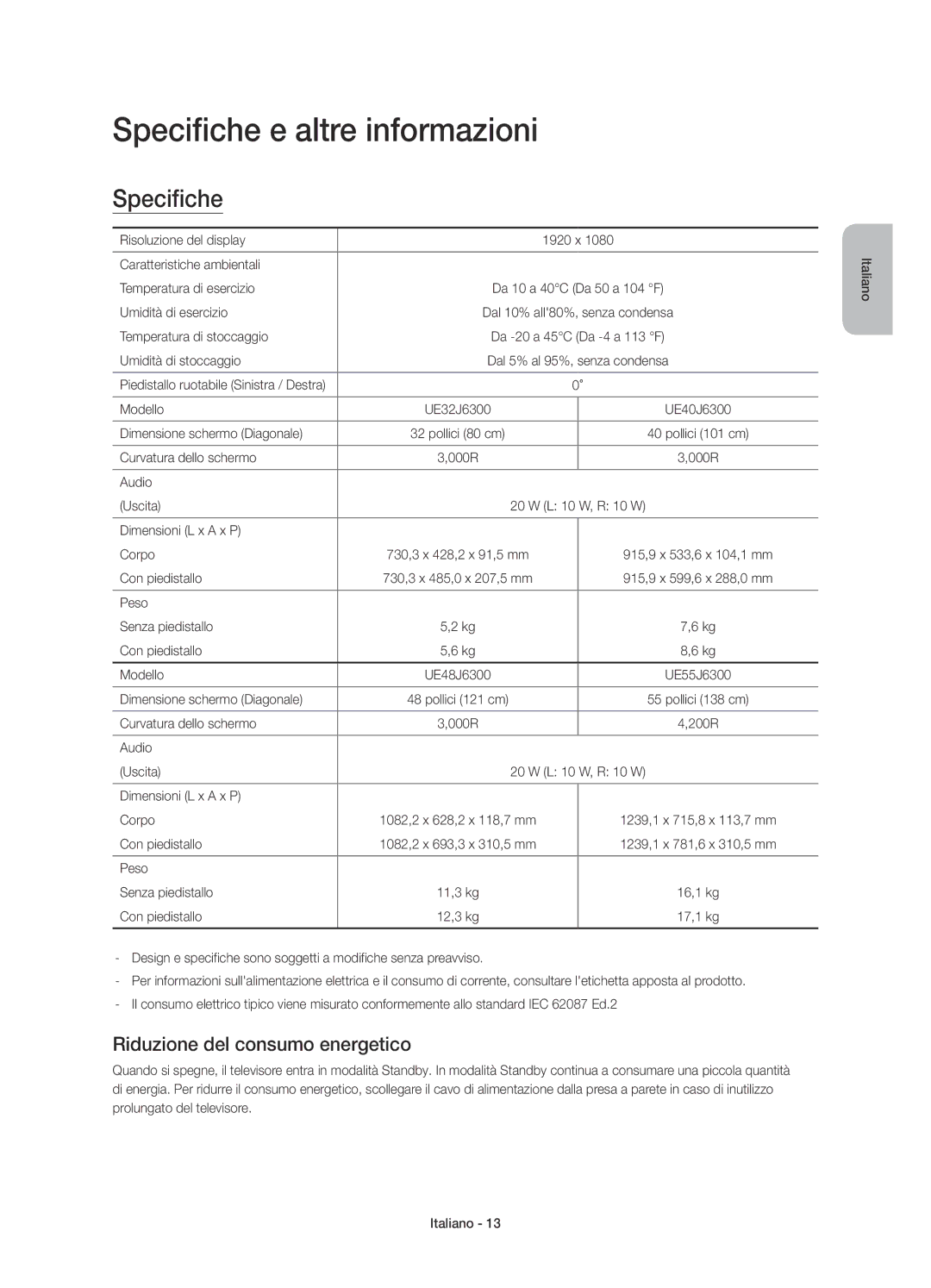 Samsung UE40J6300AKXZT, UE55J6300AKXXC, UE48J6300AKXXC Specifiche e altre informazioni, Riduzione del consumo energetico 