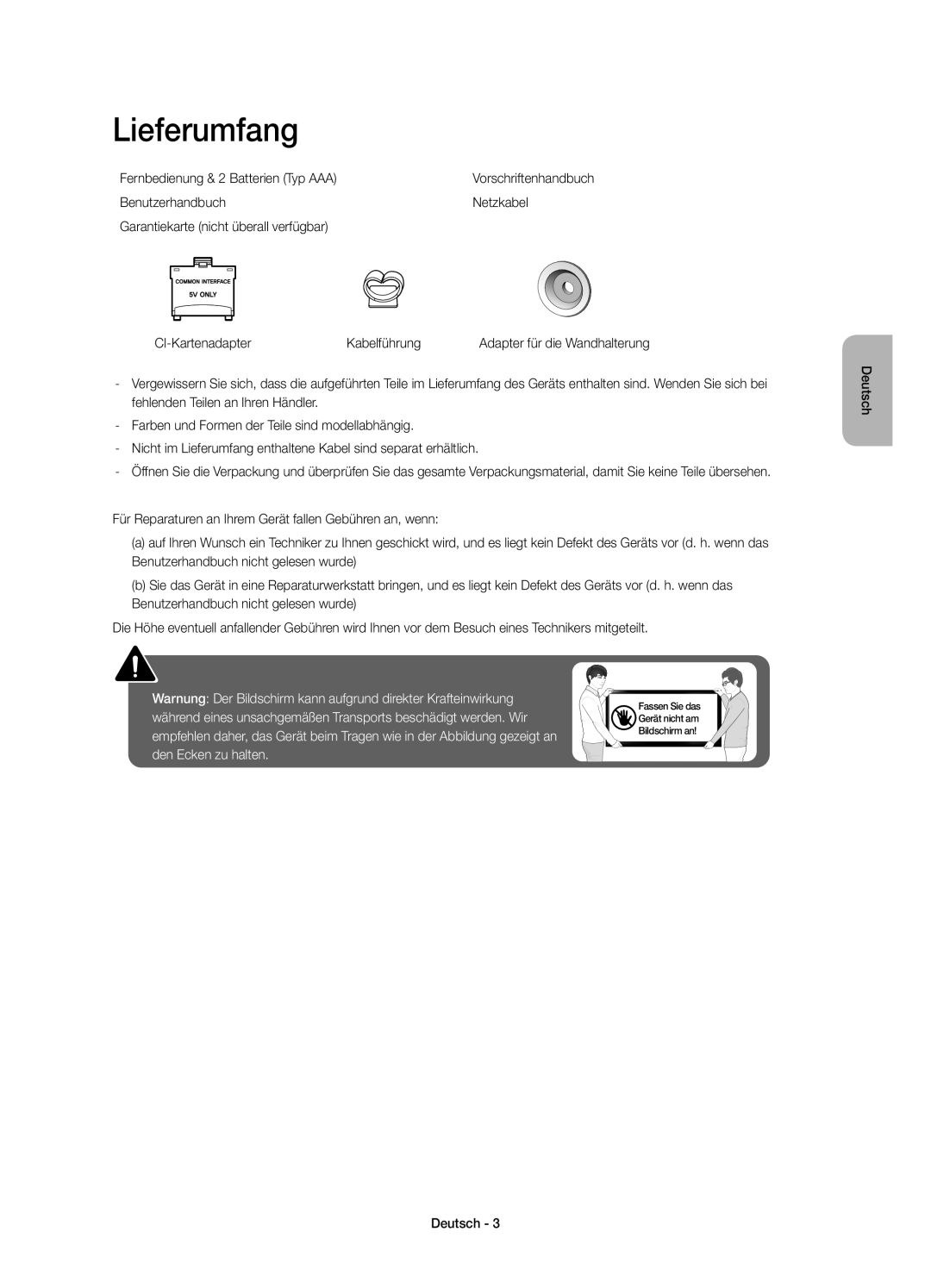 Samsung UE32J6300AKXXC, UE55J6300AKXXC, UE48J6300AKXXC, UE32J6300AKXZT Lieferumfang, Fernbedienung & 2 Batterien Typ AAA 