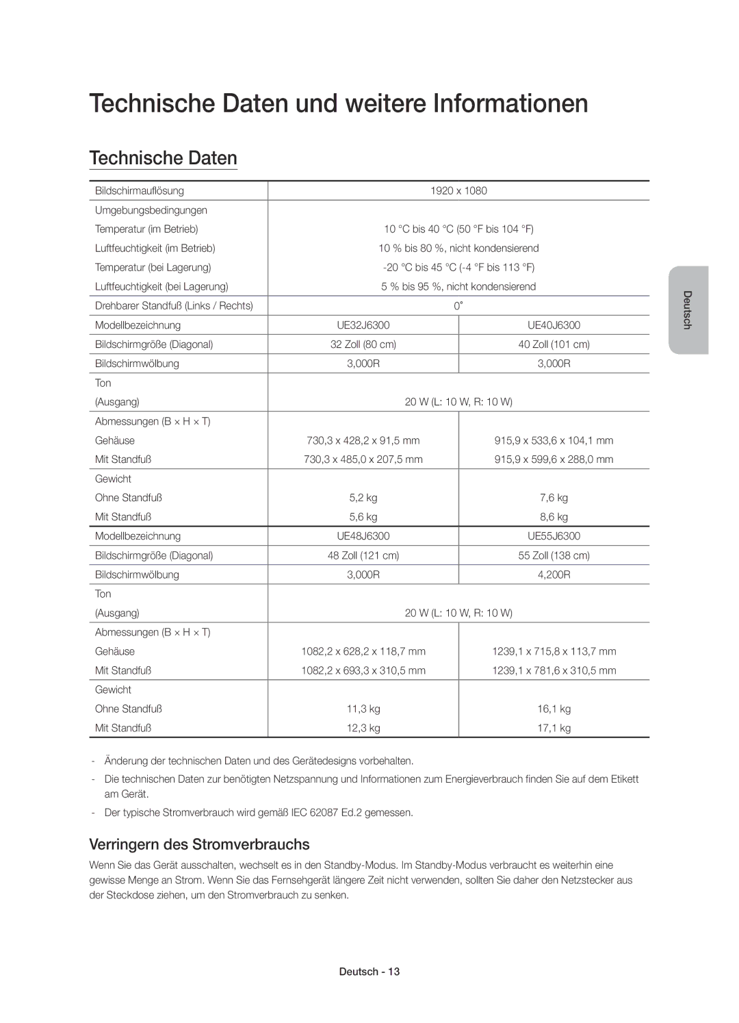 Samsung UE48J6300AKXZT, UE55J6300AKXXC manual Technische Daten und weitere Informationen, Verringern des Stromverbrauchs 