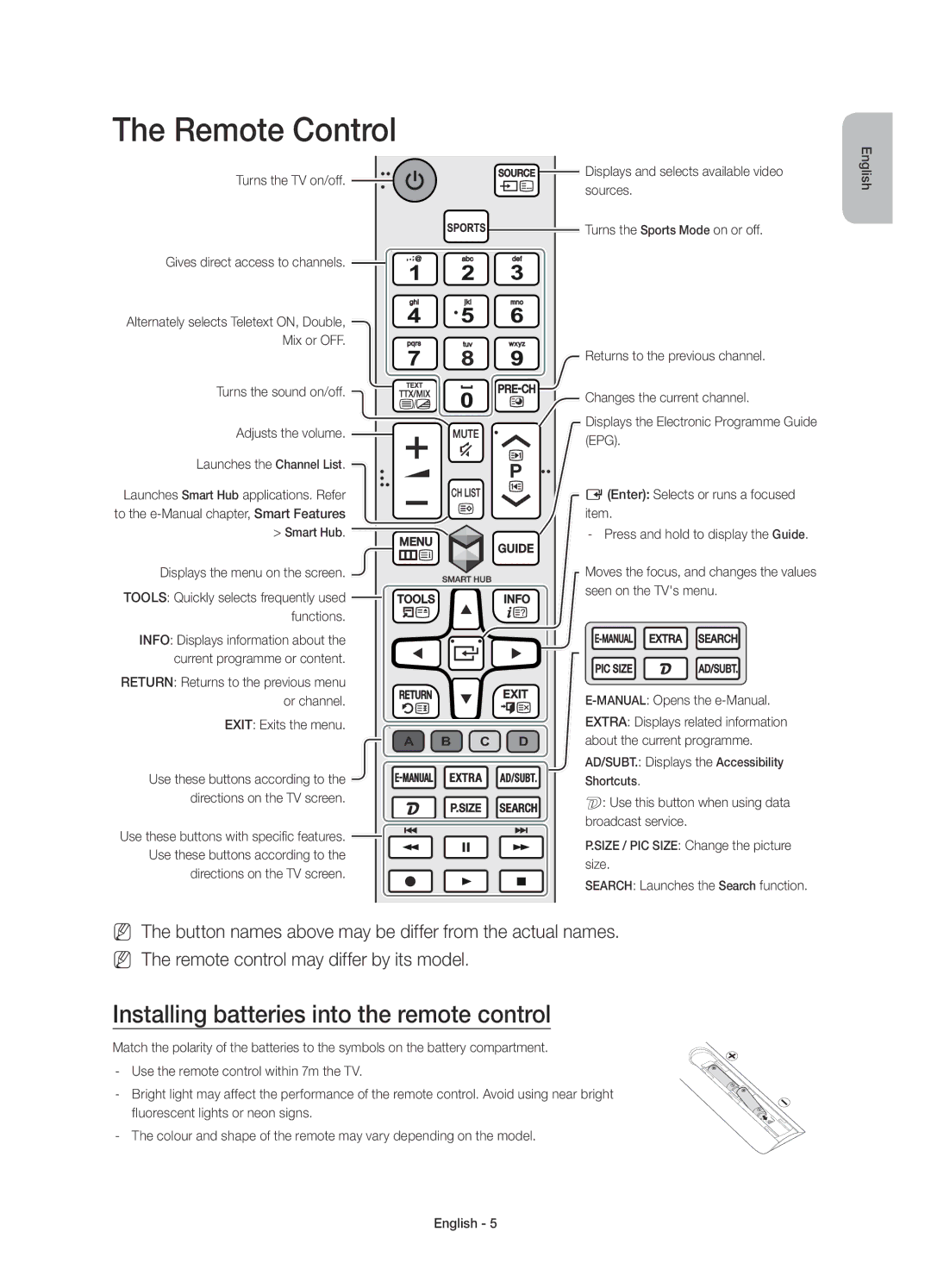 Samsung UE48J6300AKXZT Remote Control, Installing batteries into the remote control, Search Launches the Search function 