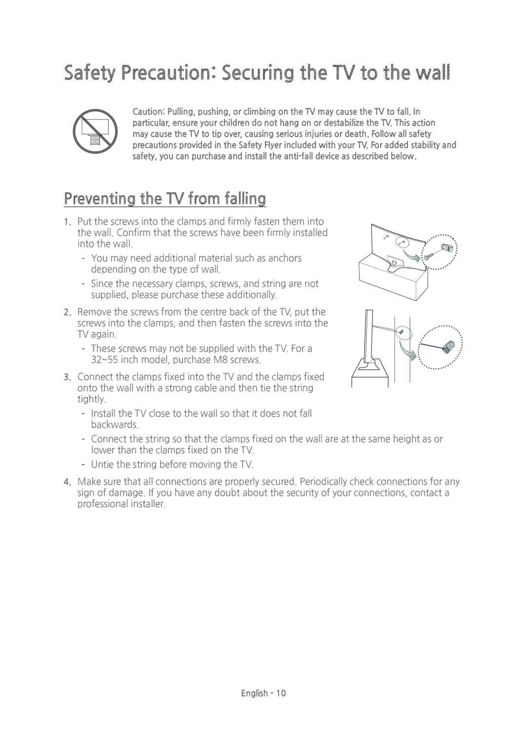 Samsung UE32J6300AKXXU, UE55J6300AKXXC manual Safety Precaution Securing the TV to the wall, Preventing the TV from falling 