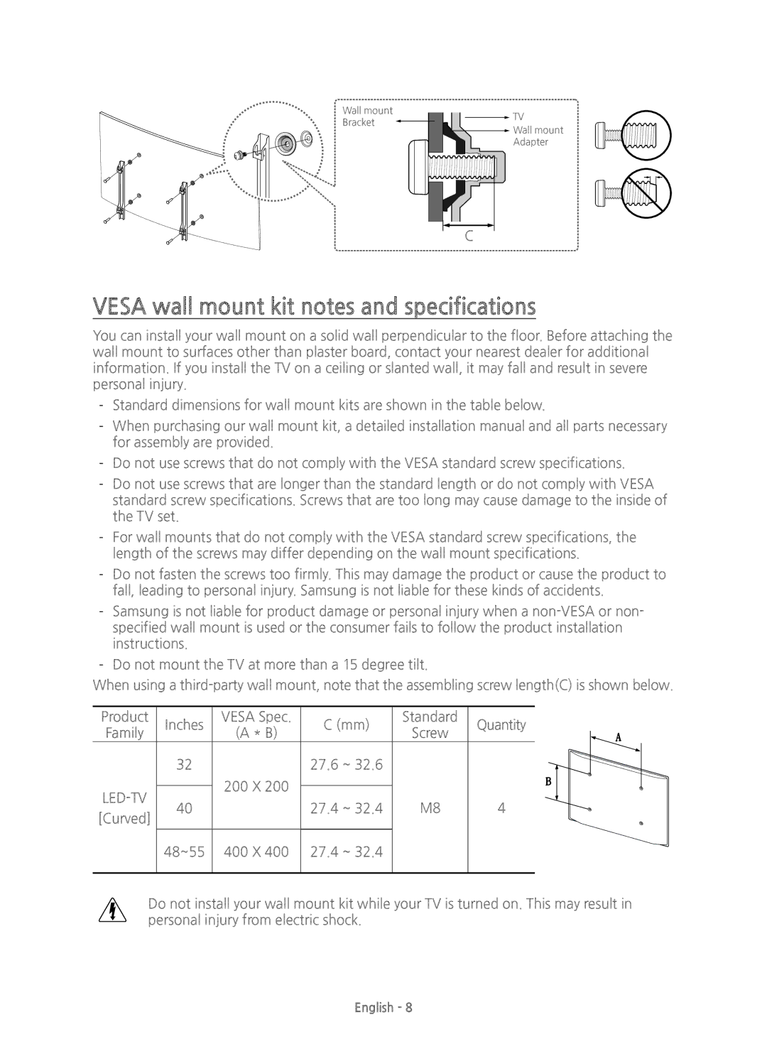 Samsung UE55J6300AKXXU, UE55J6300AKXXC, UE48J6300AKXXC, UE32J6300AKXZT manual Vesa wall mount kit notes and specifications 