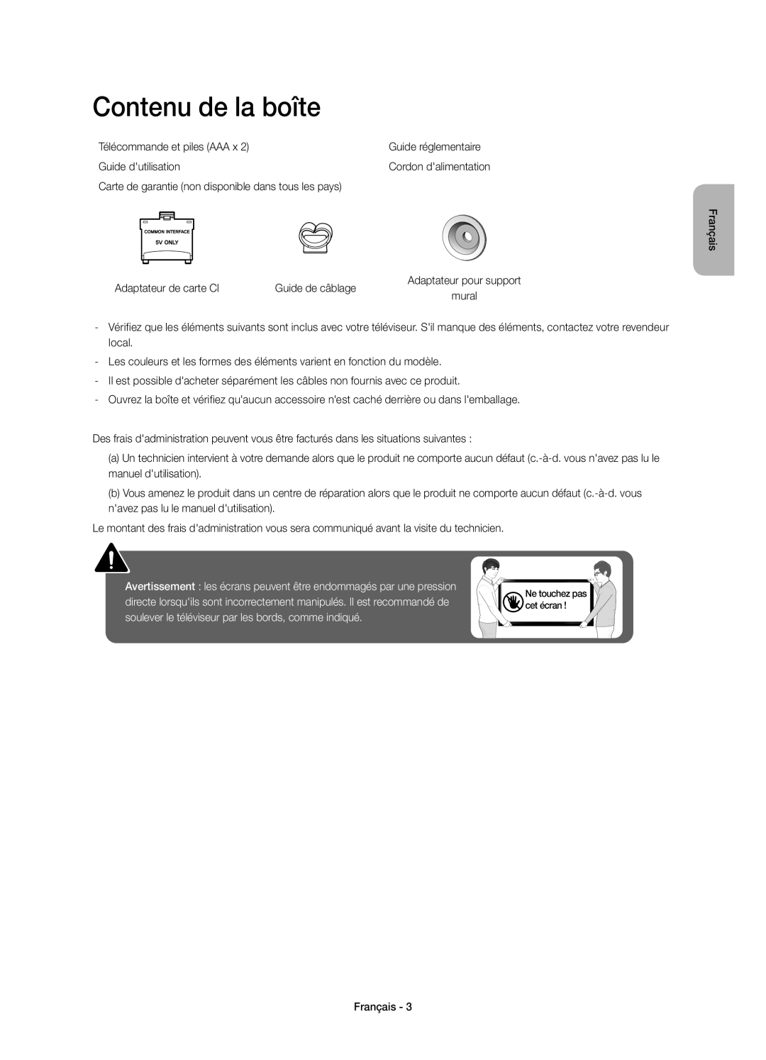 Samsung UE40J6370SUXXN, UE55J6300AKXXC manual Contenu de la boîte, Carte de garantie non disponible dans tous les pays 