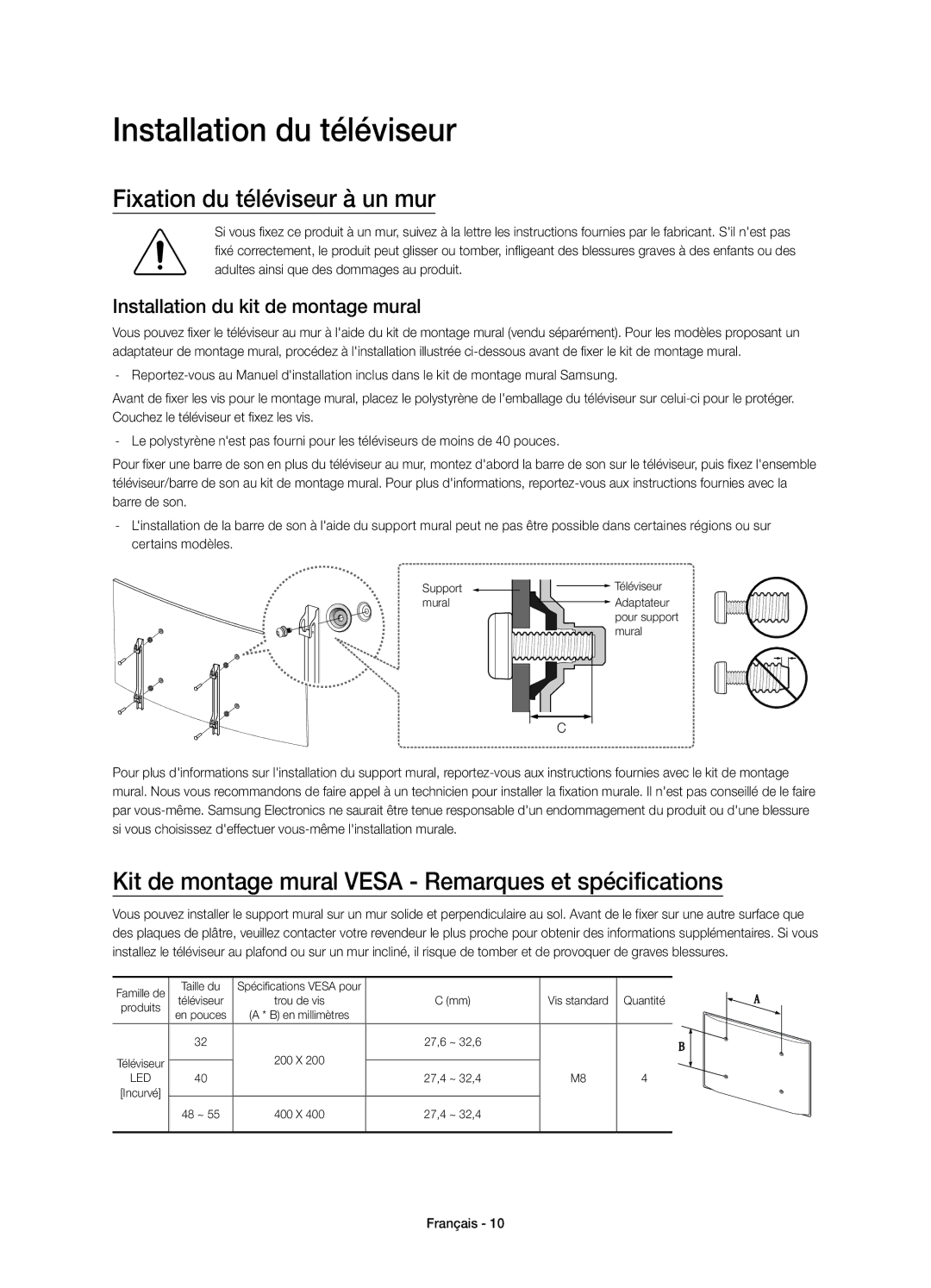 Samsung UE55J6300AKXXC Installation du téléviseur, Fixation du téléviseur à un mur, Installation du kit de montage mural 