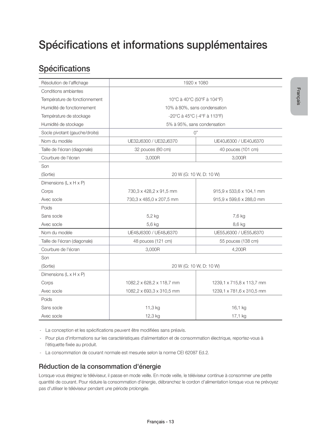 Samsung UE48J6300AKXXC manual Spécifications et informations supplémentaires, Réduction de la consommation dénergie 