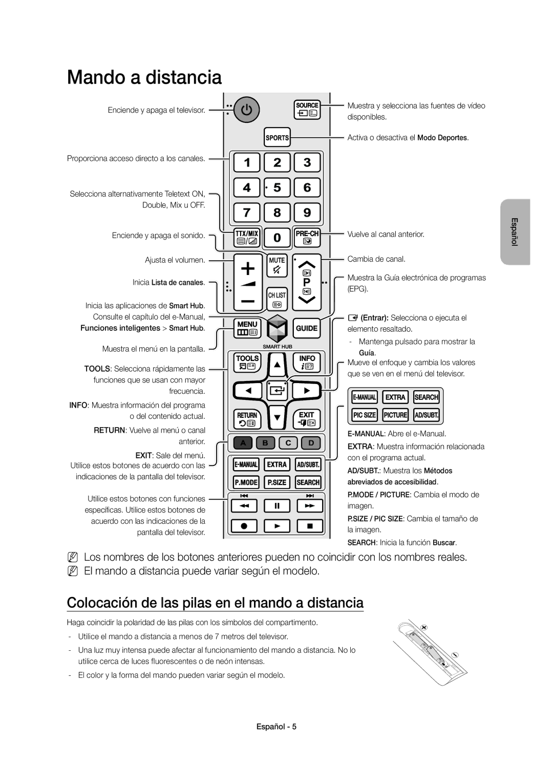 Samsung UE48J6300AKXZT Mando a distancia, Colocación de las pilas en el mando a distancia, Enciende y apaga el televisor 