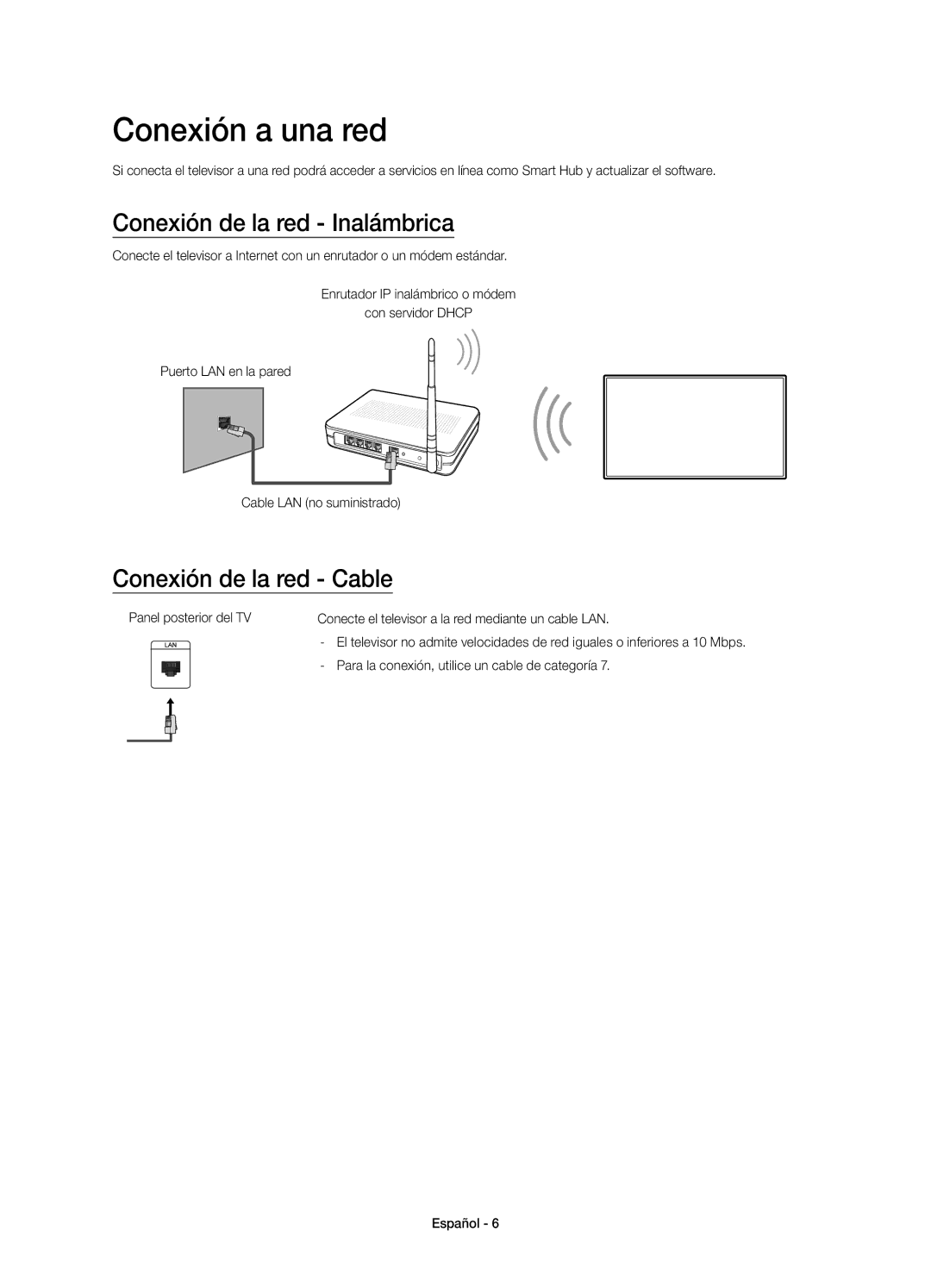 Samsung UE40J6370SUXXC, UE55J6300AKXXC manual Conexión a una red, Conexión de la red Inalámbrica, Conexión de la red Cable 