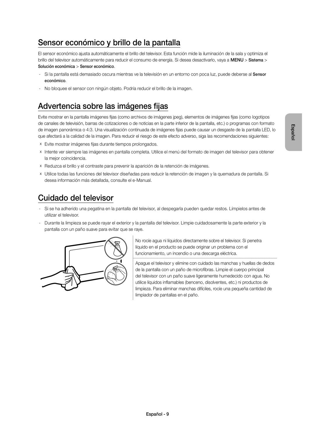 Samsung UE40J6300AKXXC, UE55J6300AKXXC manual Sensor económico y brillo de la pantalla, Advertencia sobre las imágenes fijas 