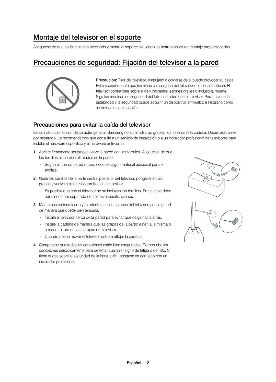 Samsung UE55J6300AKXXU Montaje del televisor en el soporte, Precauciones de seguridad Fijación del televisor a la pared 