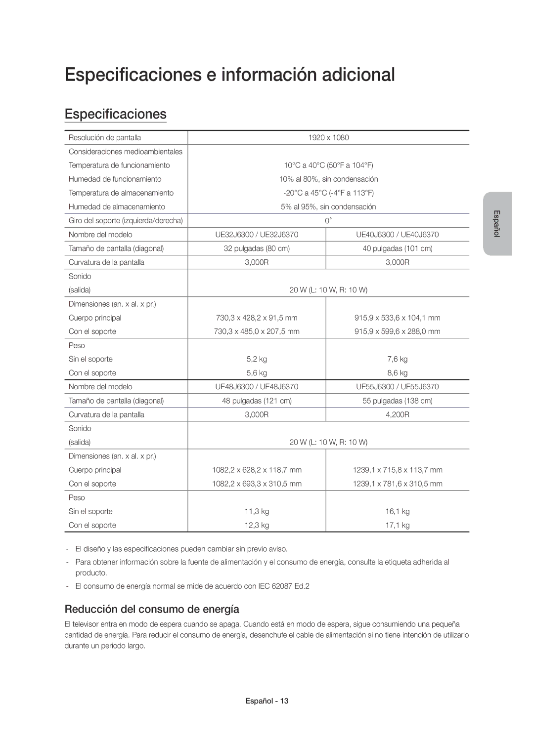 Samsung UE40J6370SUXXN, UE55J6300AKXXC manual Especificaciones e información adicional, Reducción del consumo de energía 