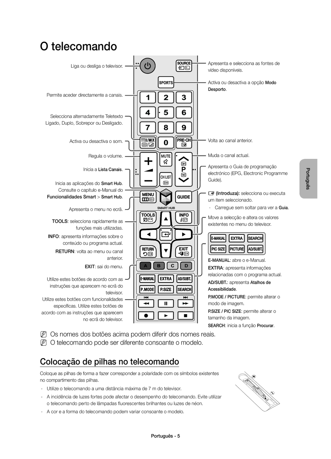 Samsung UE40J6370SUXXH, UE55J6300AKXXC manual Telecomando, Colocação de pilhas no telecomando, Liga ou desliga o televisor 