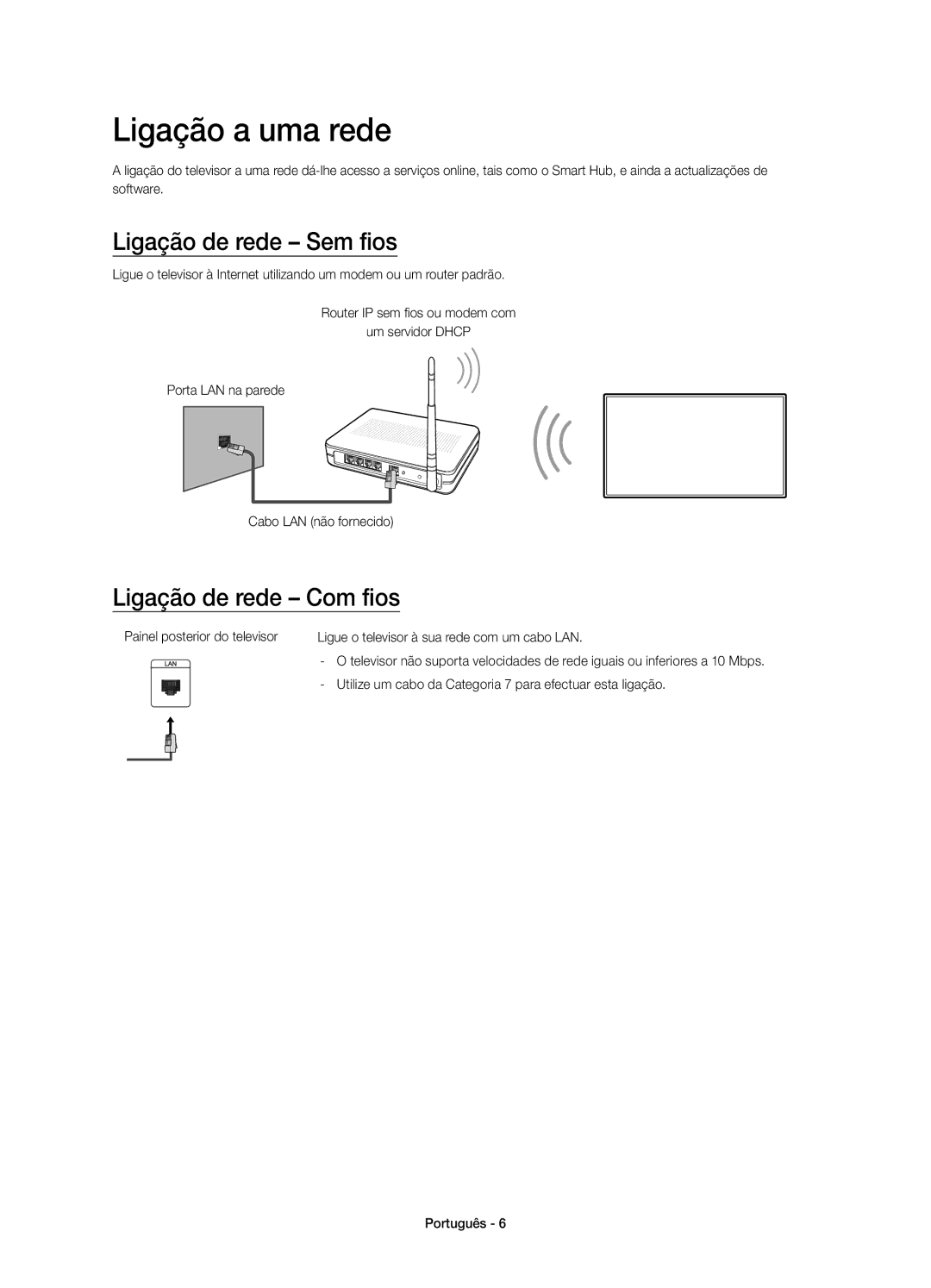 Samsung UE55J6300AKXXC, UE48J6370SUXXH manual Ligação a uma rede, Ligação de rede Sem fios, Ligação de rede Com fios 