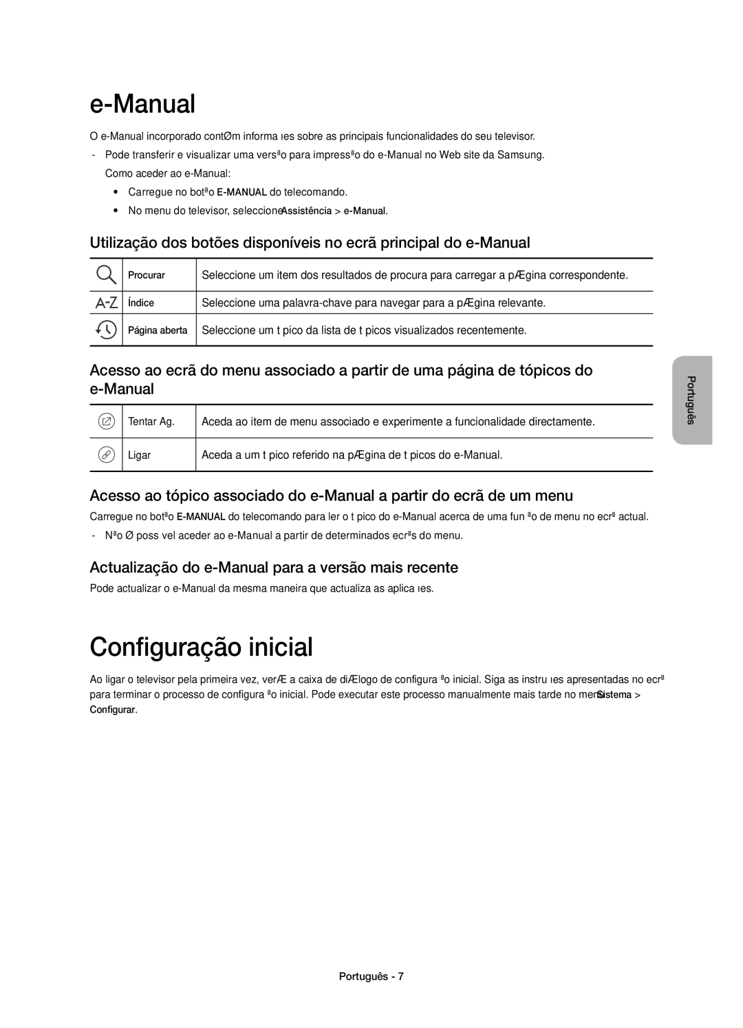 Samsung UE48J6370SUXXH, UE55J6300AKXXC manual Configuração inicial, Actualização do e-Manual para a versão mais recente 