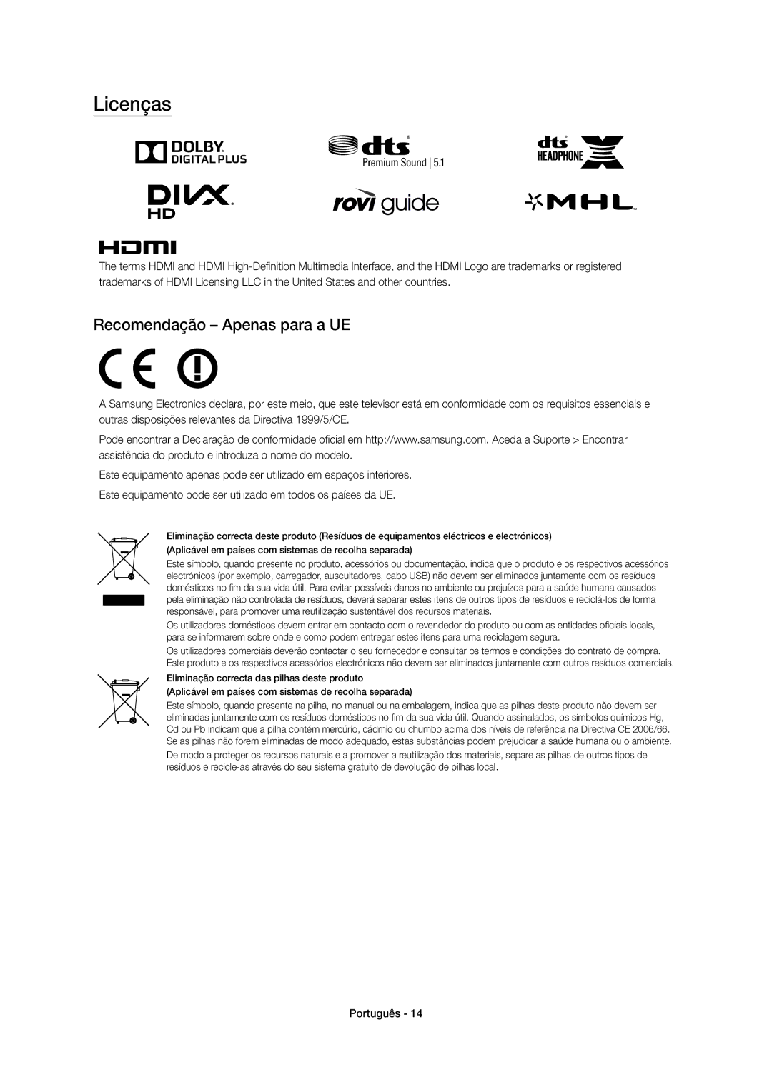 Samsung UE55J6300AKXZT, UE55J6300AKXXC, UE48J6370SUXXH, UE40J6370SUXZG manual Licenças, Recomendação Apenas para a UE 