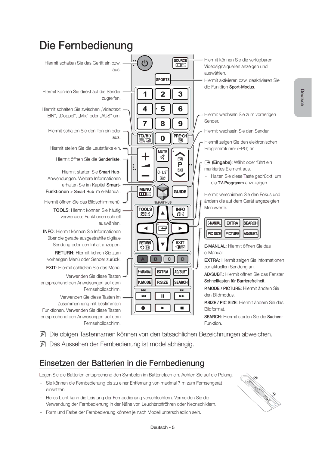 Samsung UE32J6370SUXXN, UE55J6350SUXZG, UE32J6350SUXZG manual Die Fernbedienung, Einsetzen der Batterien in die Fernbedienung 